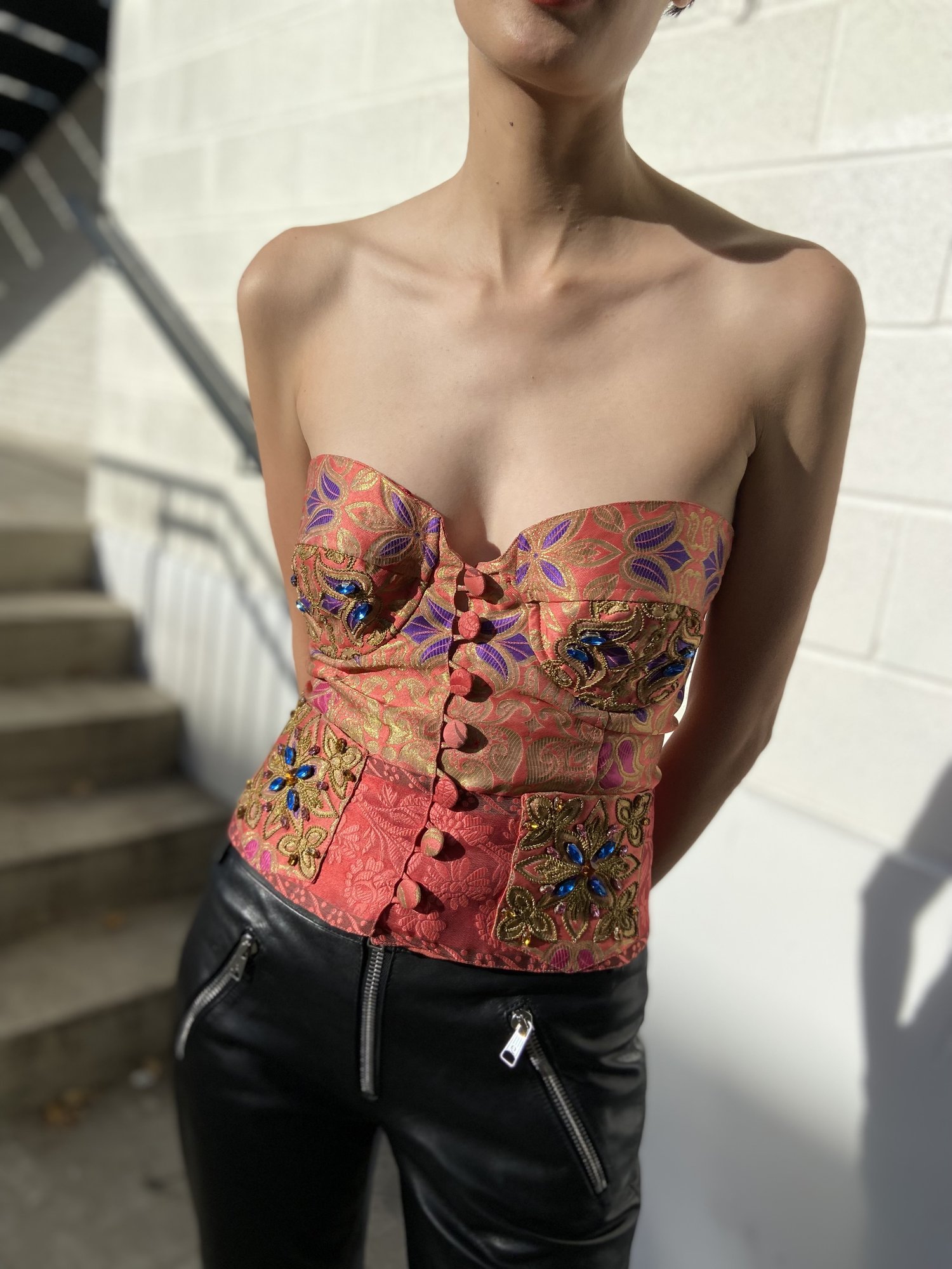 + Bustier Garment LACROIX — Jeweled 90s CHRISTIAN Gold Peach