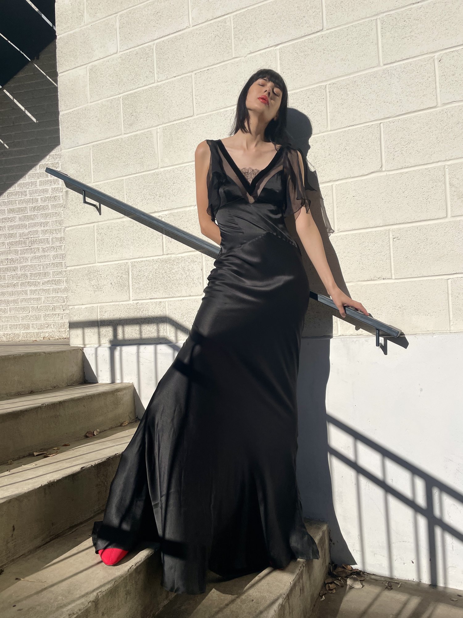 JOHN GALLIANO 90s Black Silk Gown w/ Sheer Details — Garment