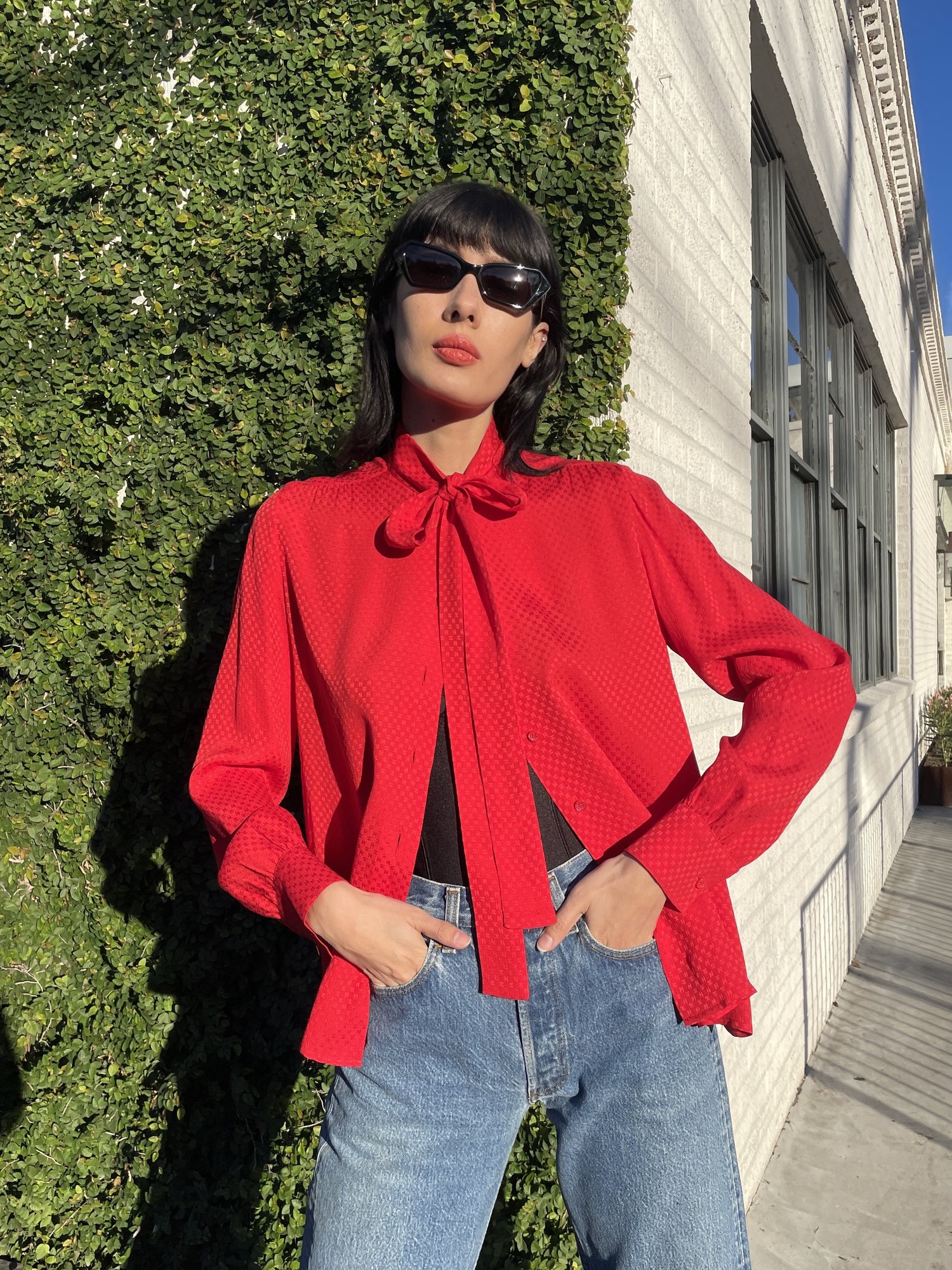 CHANEL 70s/80s Silk Cherry Red Monogram Top — Garment