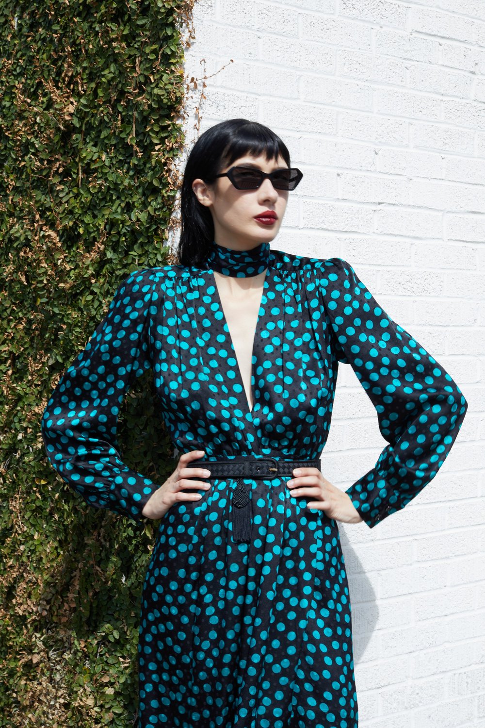 YVES SAINT LAURENT 80s Black + Teal Silk Polka Dot Wrap Dress  Garment  Modern + Vintage