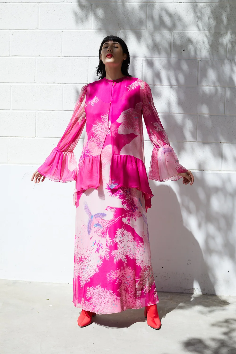 HANAE MORI 70s Hot Pink Silk Bird Gown — Garment Modern + Vintage
