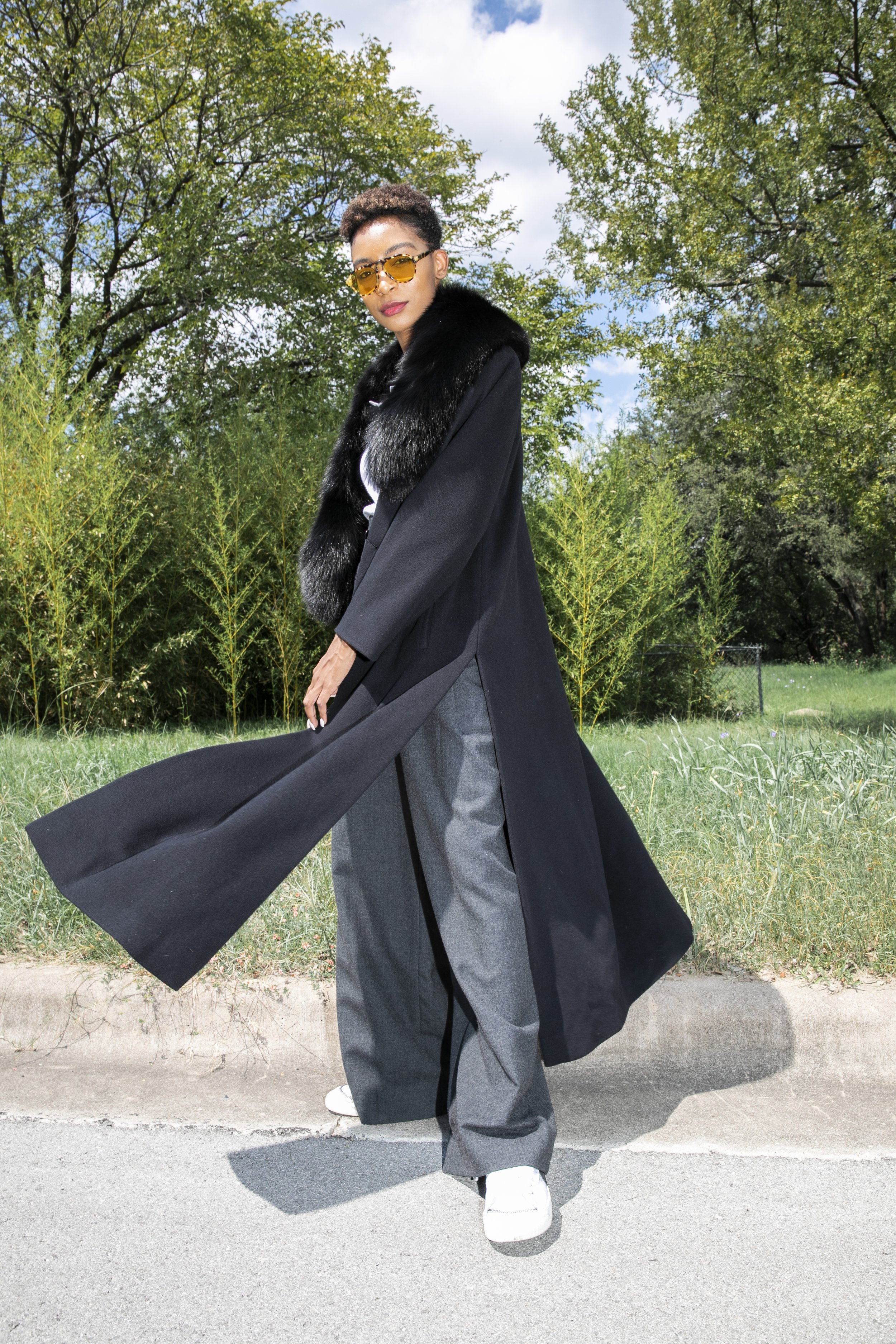 GIANFRANCO FERRE 90s Black Wool Coat w/ Fox Trim — Garment