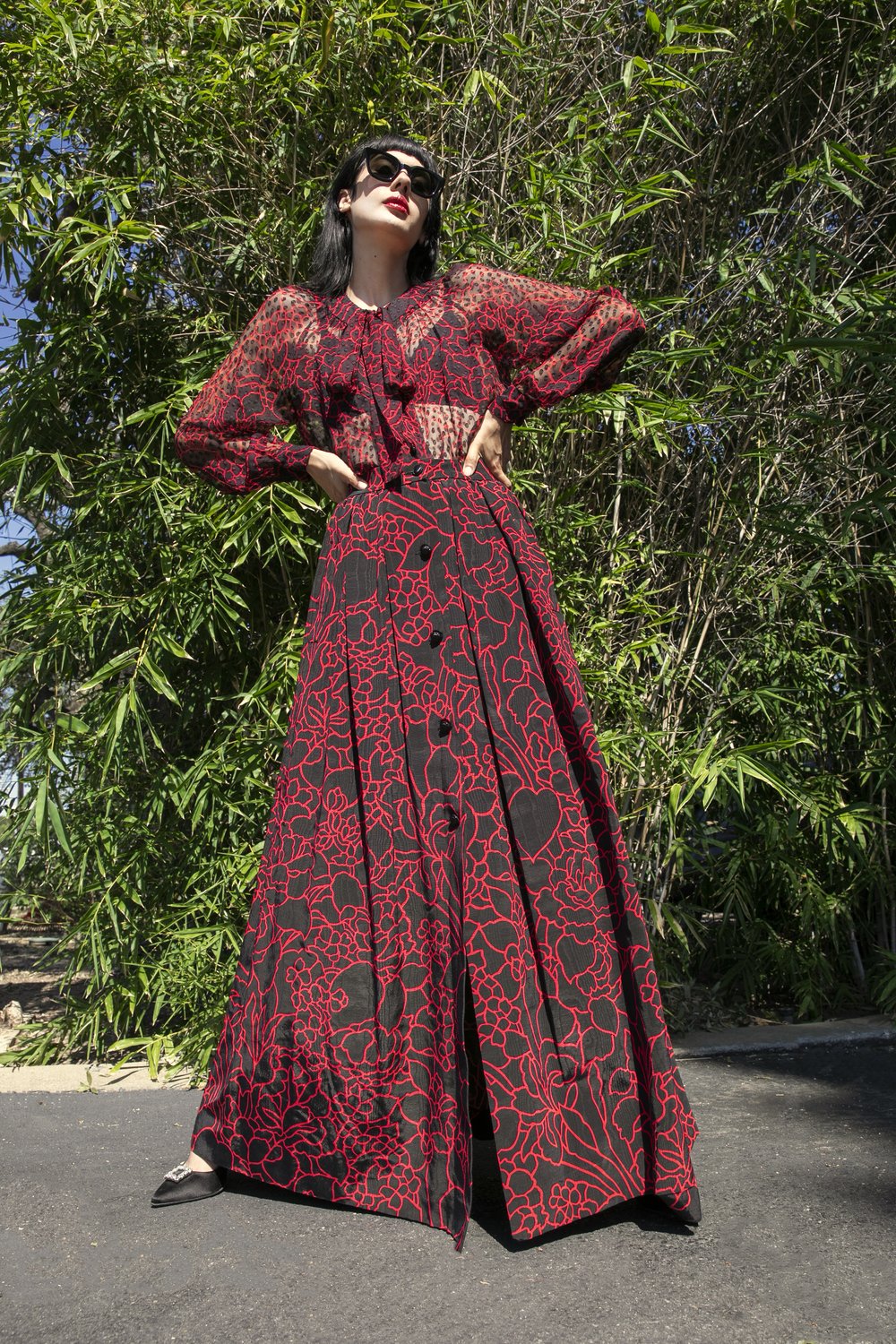 CHANEL 80s Rose Printed Silk Top + Skirt Set — Garment