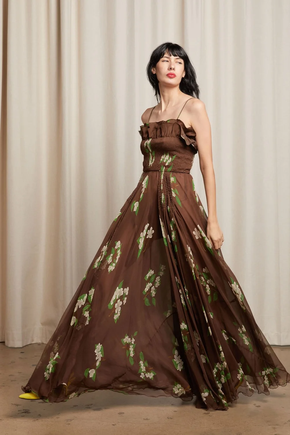 VALENTINO 70s Chocolate Floral Smocked Ruffle Gown — Garment Modern  Vintage