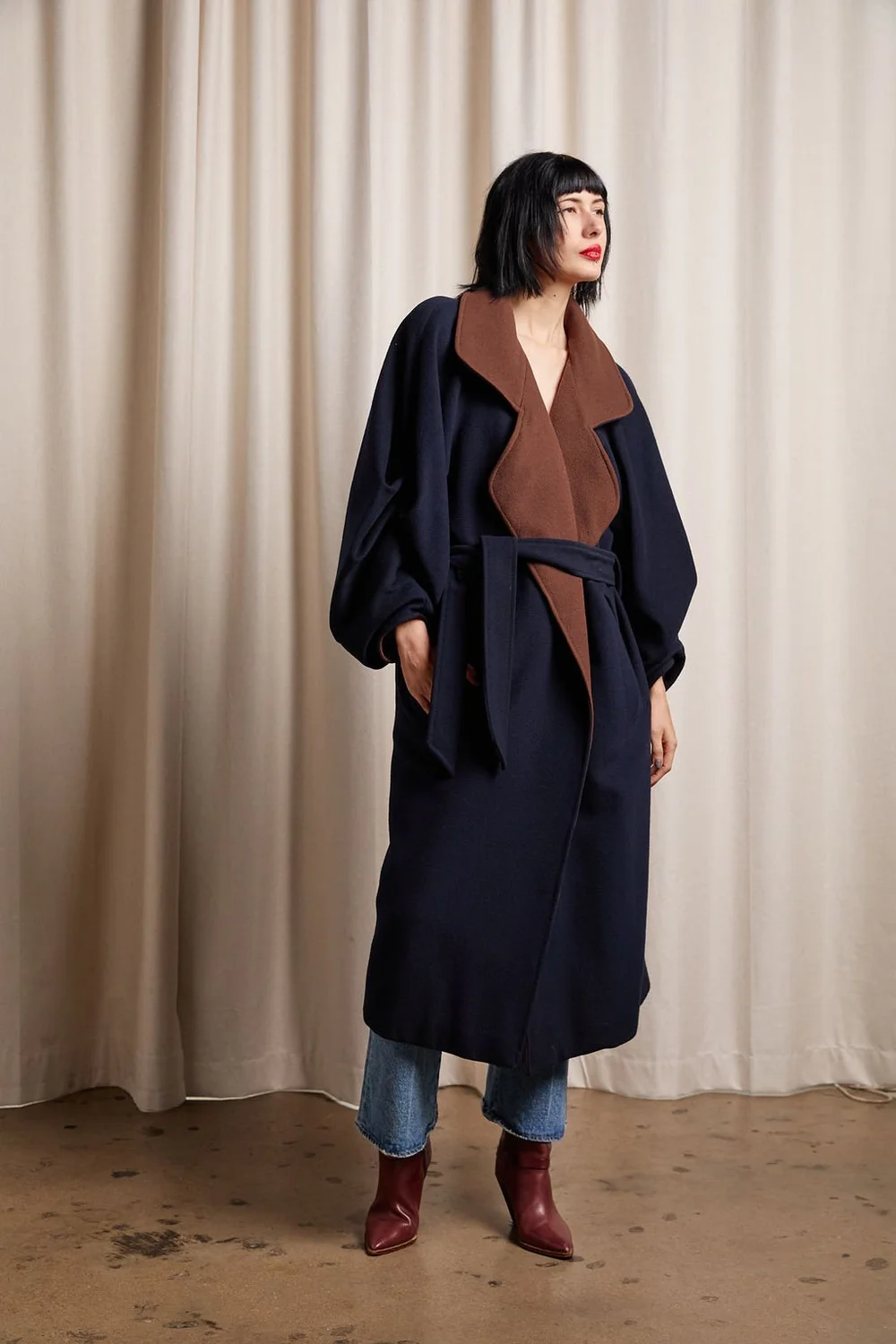 CLAUDE MONTANA 80s Navy + Brown Wool Coat with Ruched Sleeves 