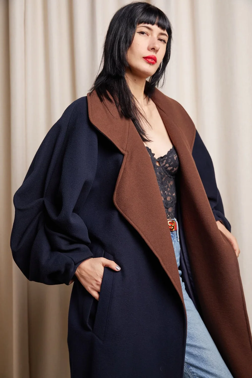 CLAUDE MONTANA 80s Navy + Brown Wool Coat with Ruched Sleeves 