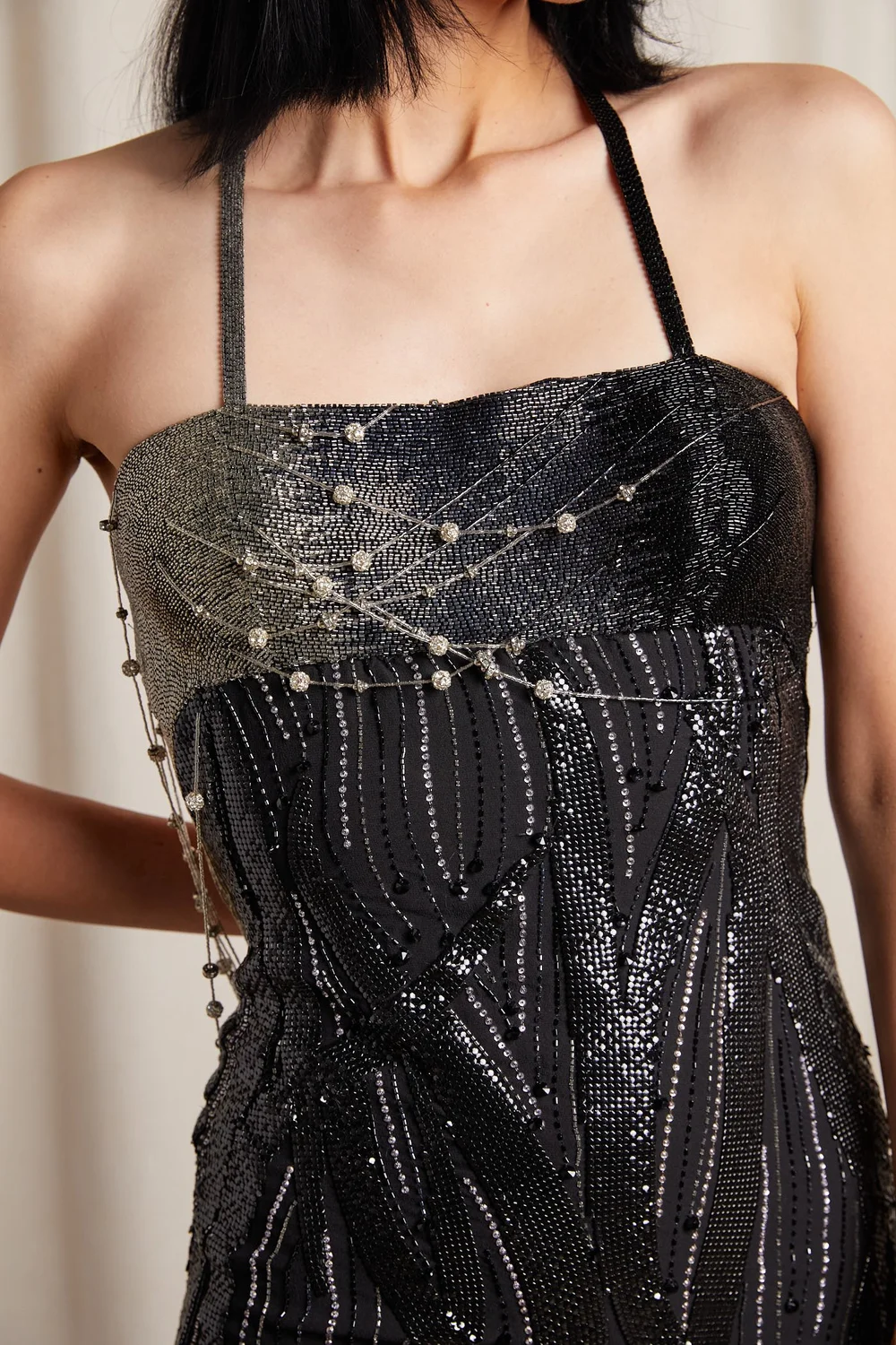 atelier versace black dress 2000S Atelier Versace Gianni Black Silk Chiffon Haute Couture Crystal Beaded Gown Embellished With Metal Mesh