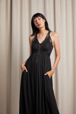 JEAN MUIR 70s Black Maxi Dress with Leather Collar + Hem — Garment