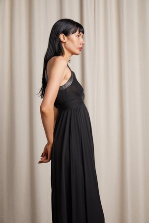 JEAN MUIR 70s Black Maxi Dress with Leather Collar + Hem — Garment