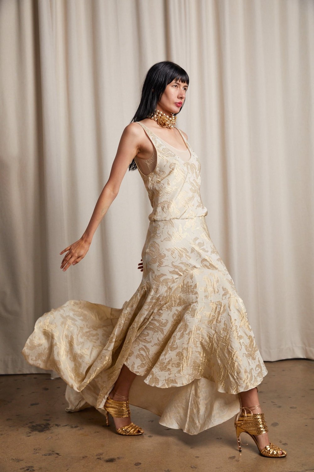 CHRISTIAN DIOR Spring/Summer 2003 Cream + Gold Plunging Brocade Gown Garment Modern + Vintage CHRISTIAN DIOR Spring/Summer 2003 Cream + Gold Plunging Brocade Gown Garment Modern + Vintage
