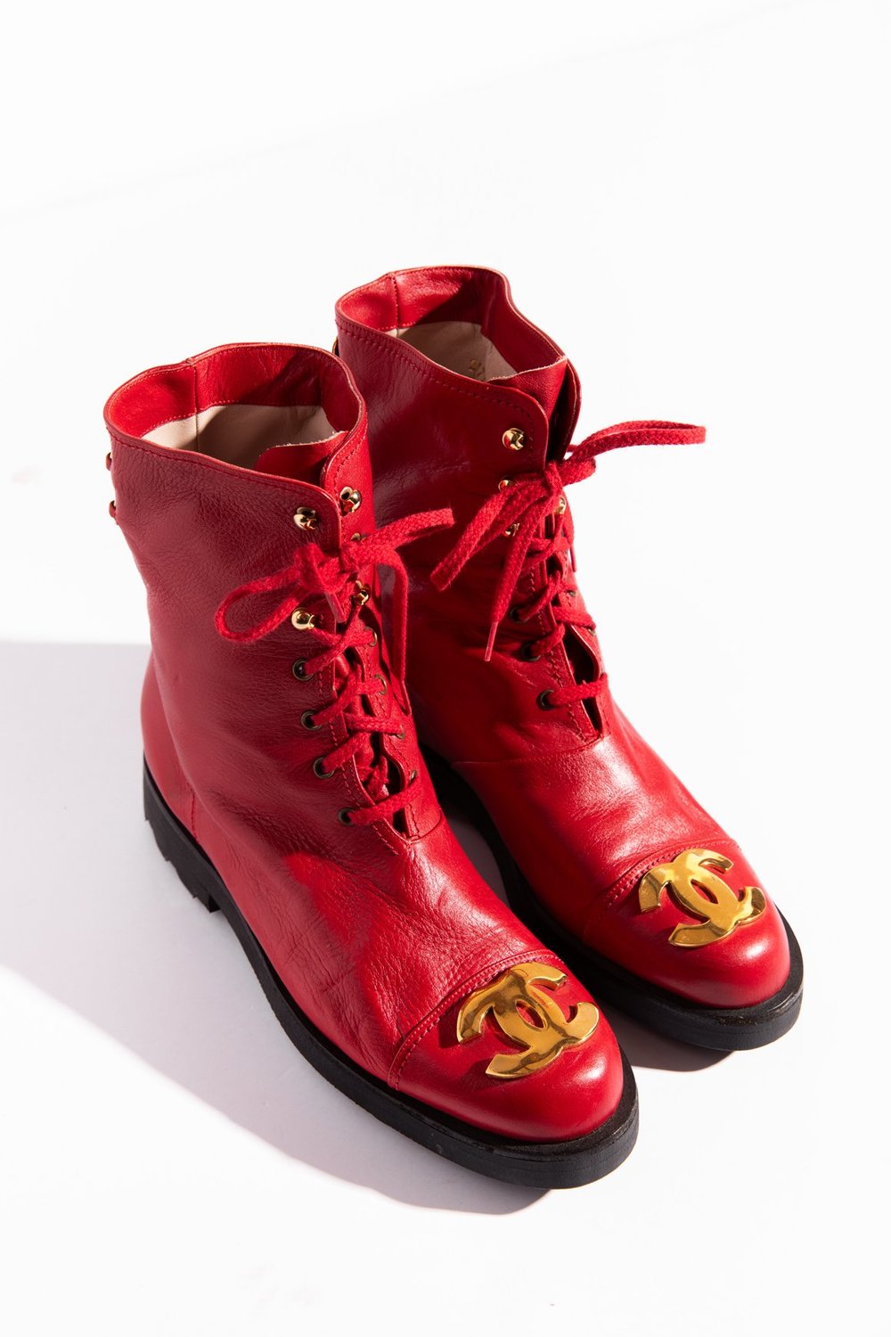 CHANEL Fall/Winter 1992 Runway RARE Red Leather Combat Boots — Garment  Modern Vintage