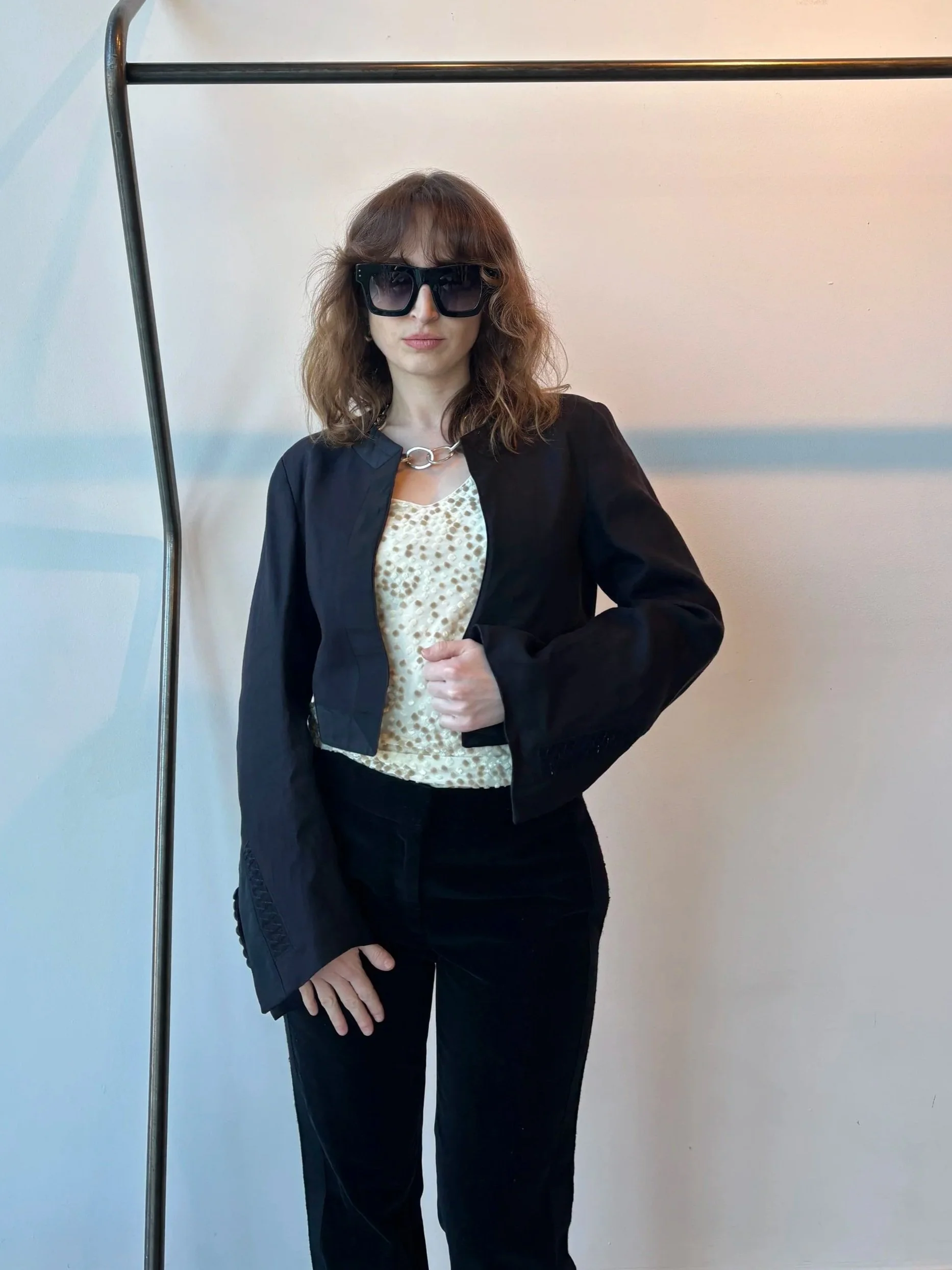 DRIES VAN NOTEN 00s Black Linen Bolero w/ Exagerrated Button Sleeve