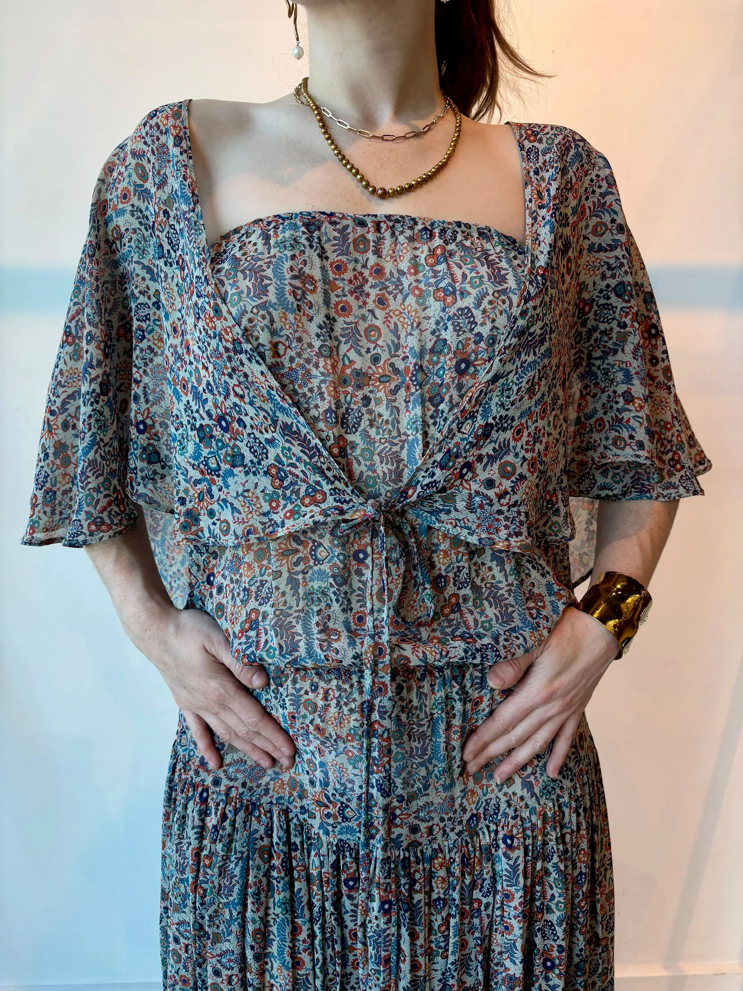 VINTAGE 70s Turquoise Floral Silk Chiffon Strapless Dress and Cape