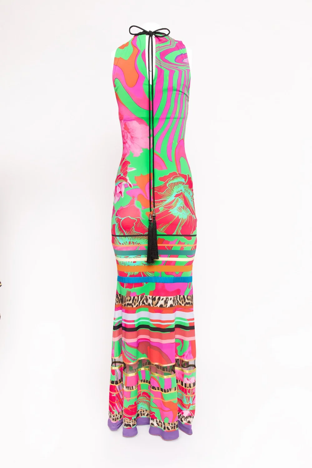 ROBERTO CAVALLI 00s Floral Striped Jersey Gown with Tassels Garment Modern + Vintage ROBERTO CAVALLI 00s Floral Striped Jersey Gown with Tassels Garment Modern + Vintage