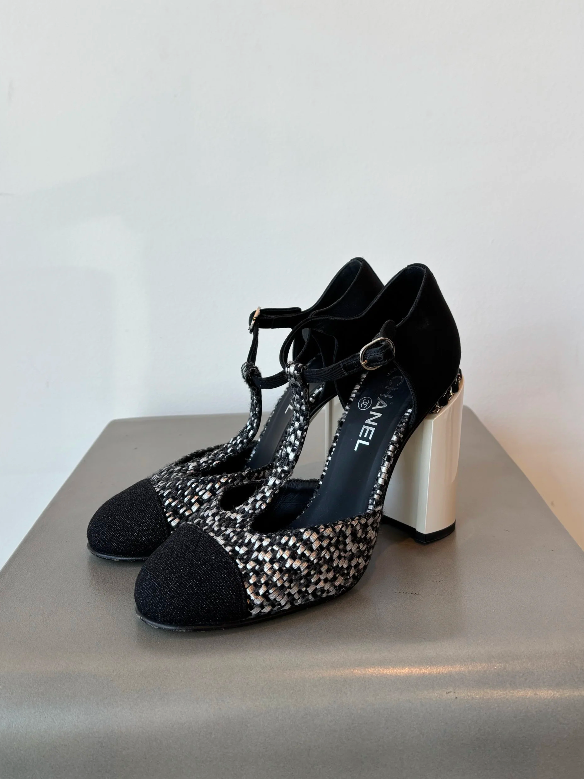 CHANEL 2016 Black + Silver Tweed Mary Janes