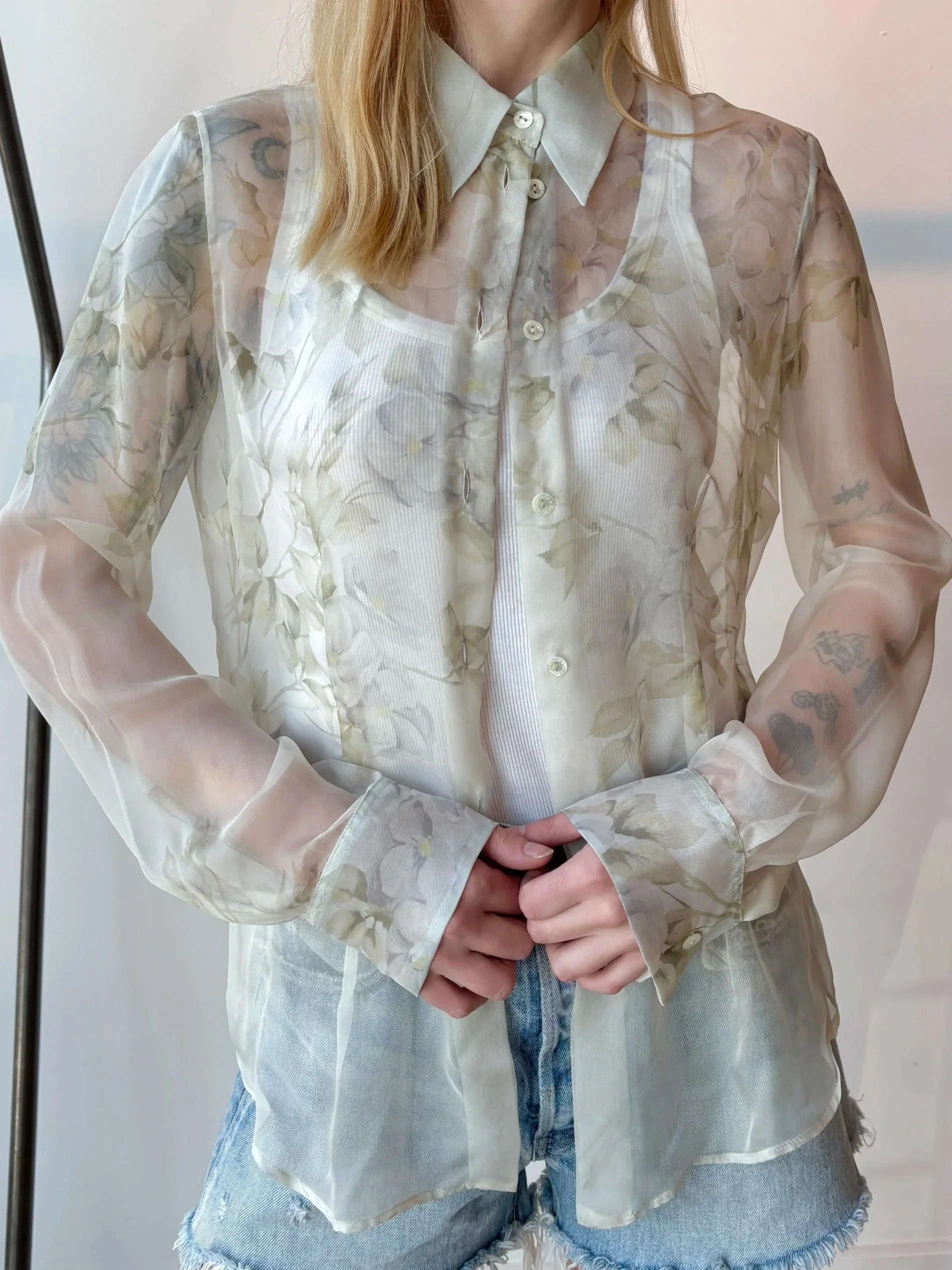 DOLCE & GABBANA 90s White Silk Chiffon Floral Printed Blouse