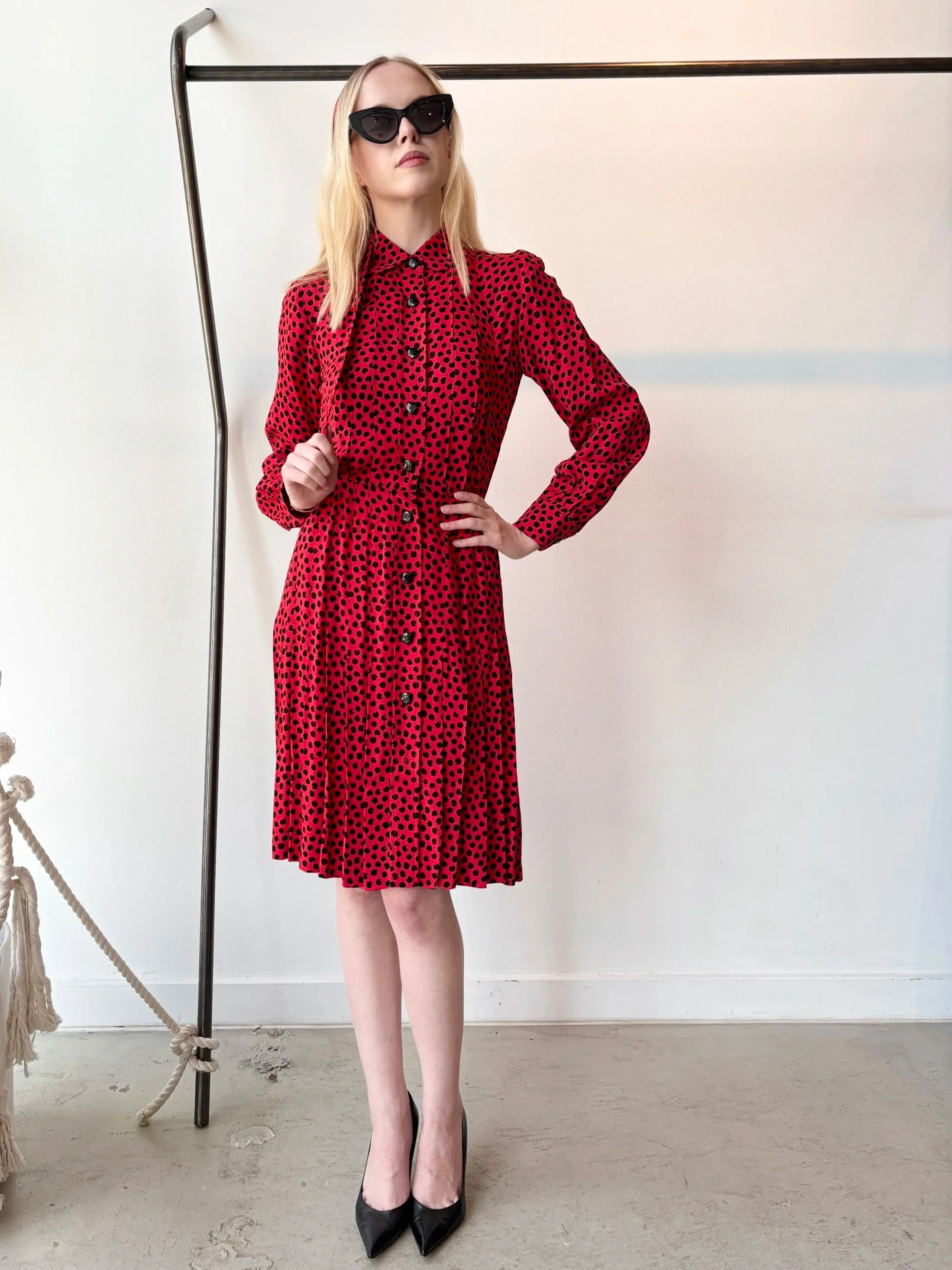 YVES SAINT LAURENT 80s Red + Black Spotted Pleated Mini Dress