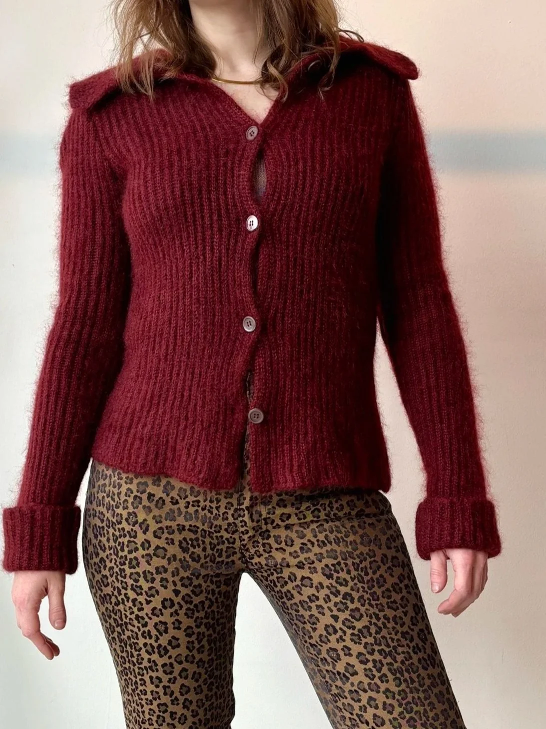 MIU MIU 00s Burgundy Mohair Collared Button Up Cardigan