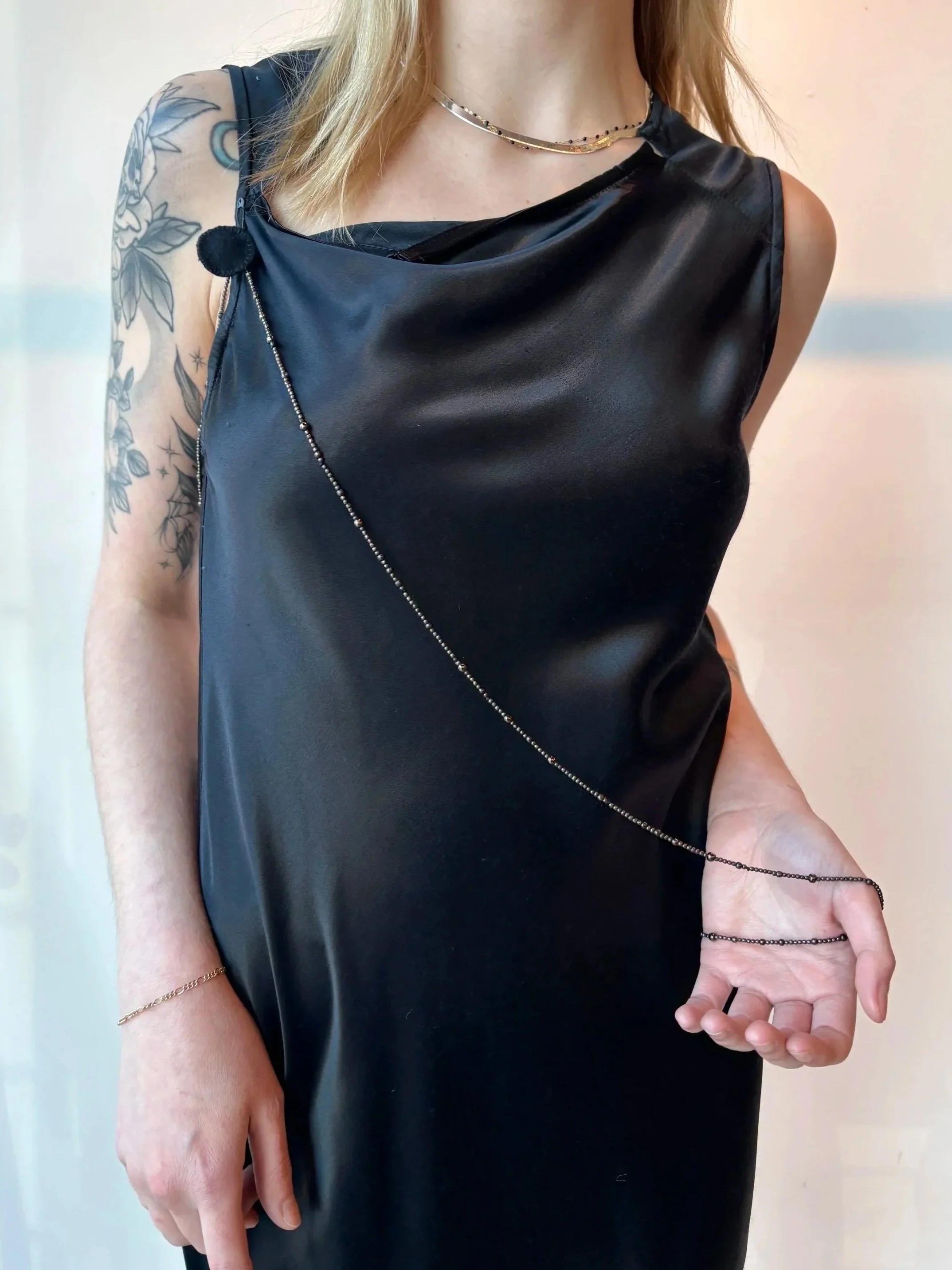 ANN DEMEULEMEESTER 90s Black Silk Midi Dress with Beaded Chain