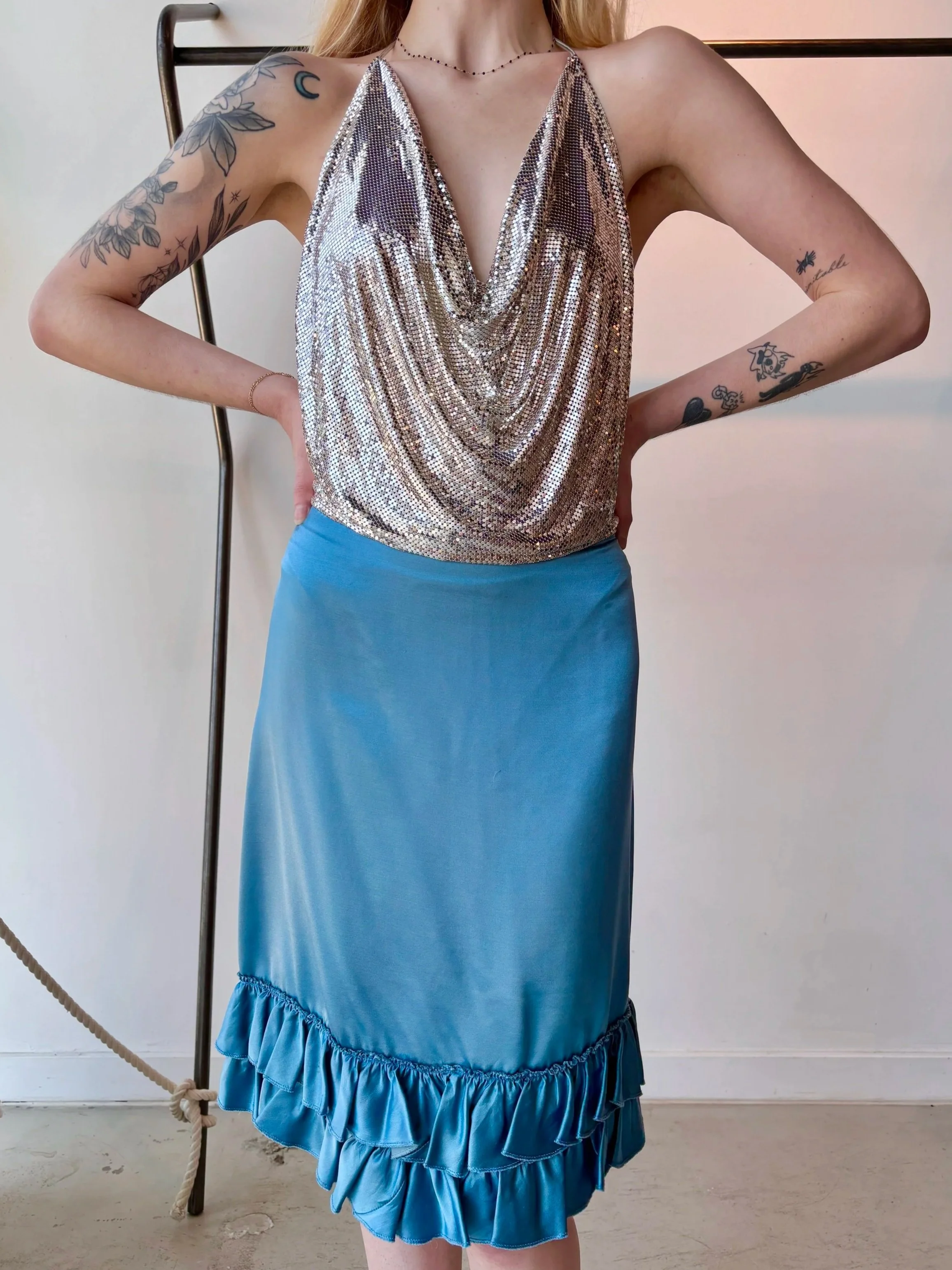 MARNI 90s Bright Blue Silk Midi Skirt with Ruffle Hem