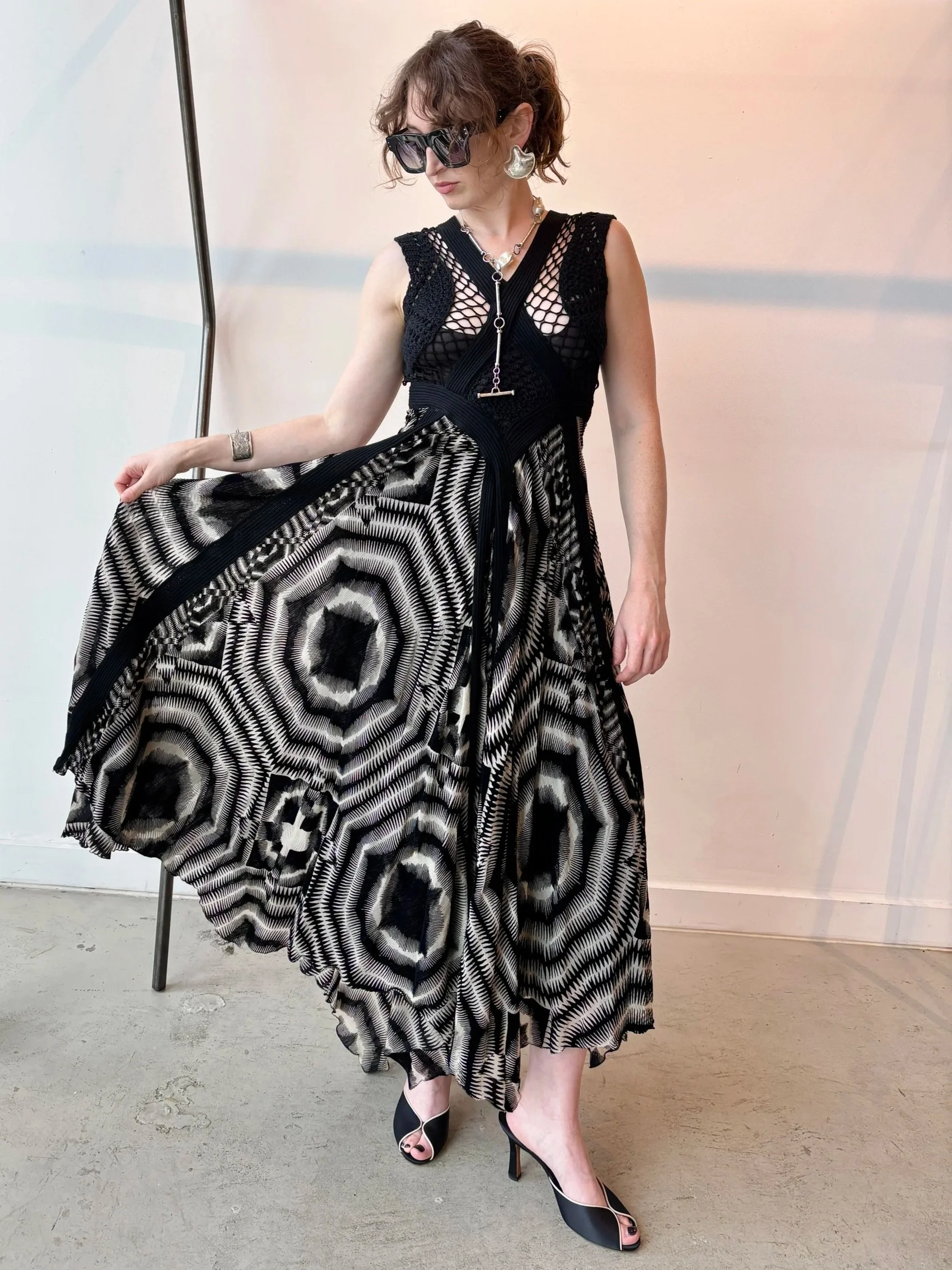 JEAN PAUL GAULTIER F/W 2009 Blk/Grey/White Crochet & Velvet Burnout Dress