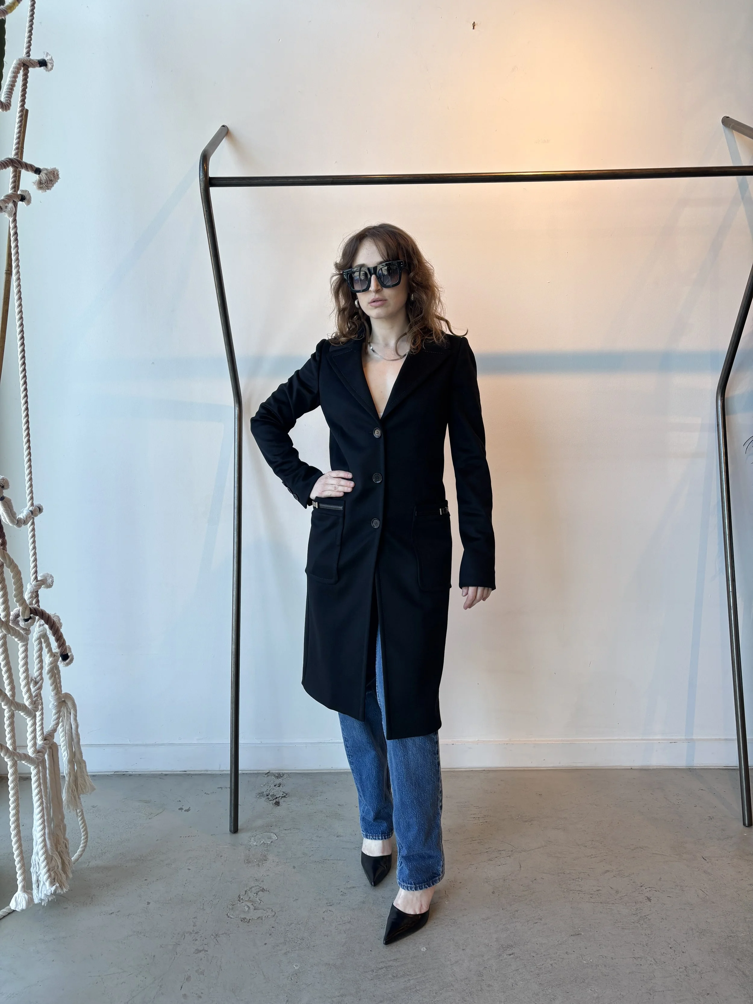 GUCCI 2007 Black Wool Coat w/ Leather + Bow Pocket Accent