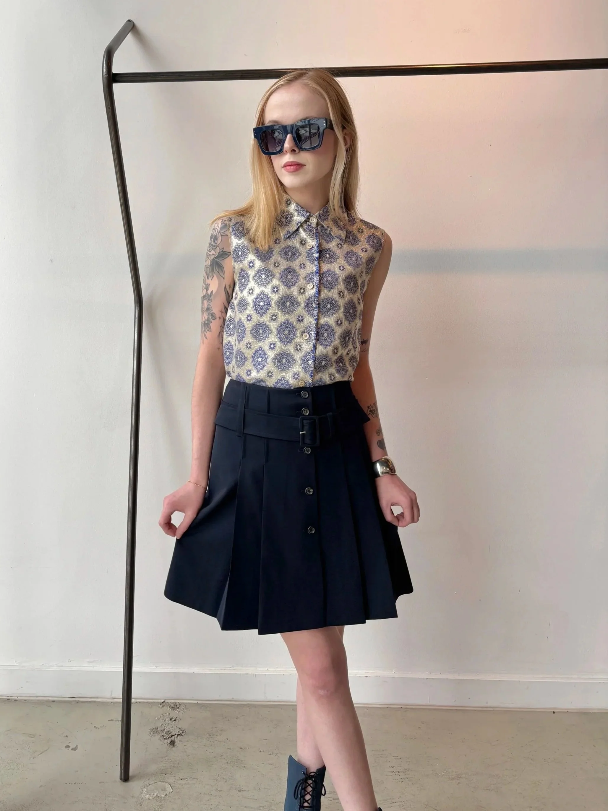PRADA 00s Navy Pleated + Belted Mini Skirt