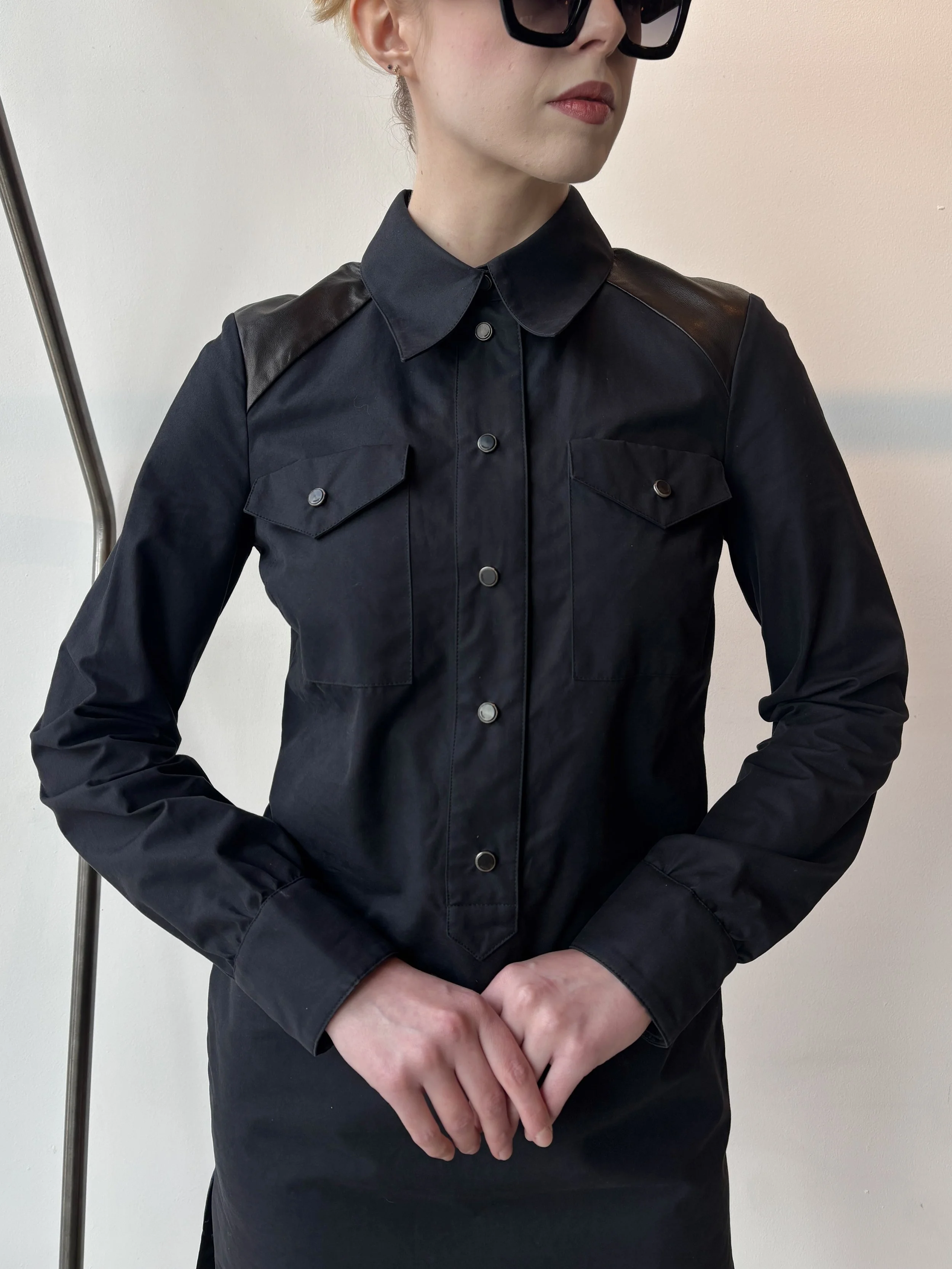 GUCCI 2002 Black Cotton Poplin Snap Button Up Dress w/ Leather Panels