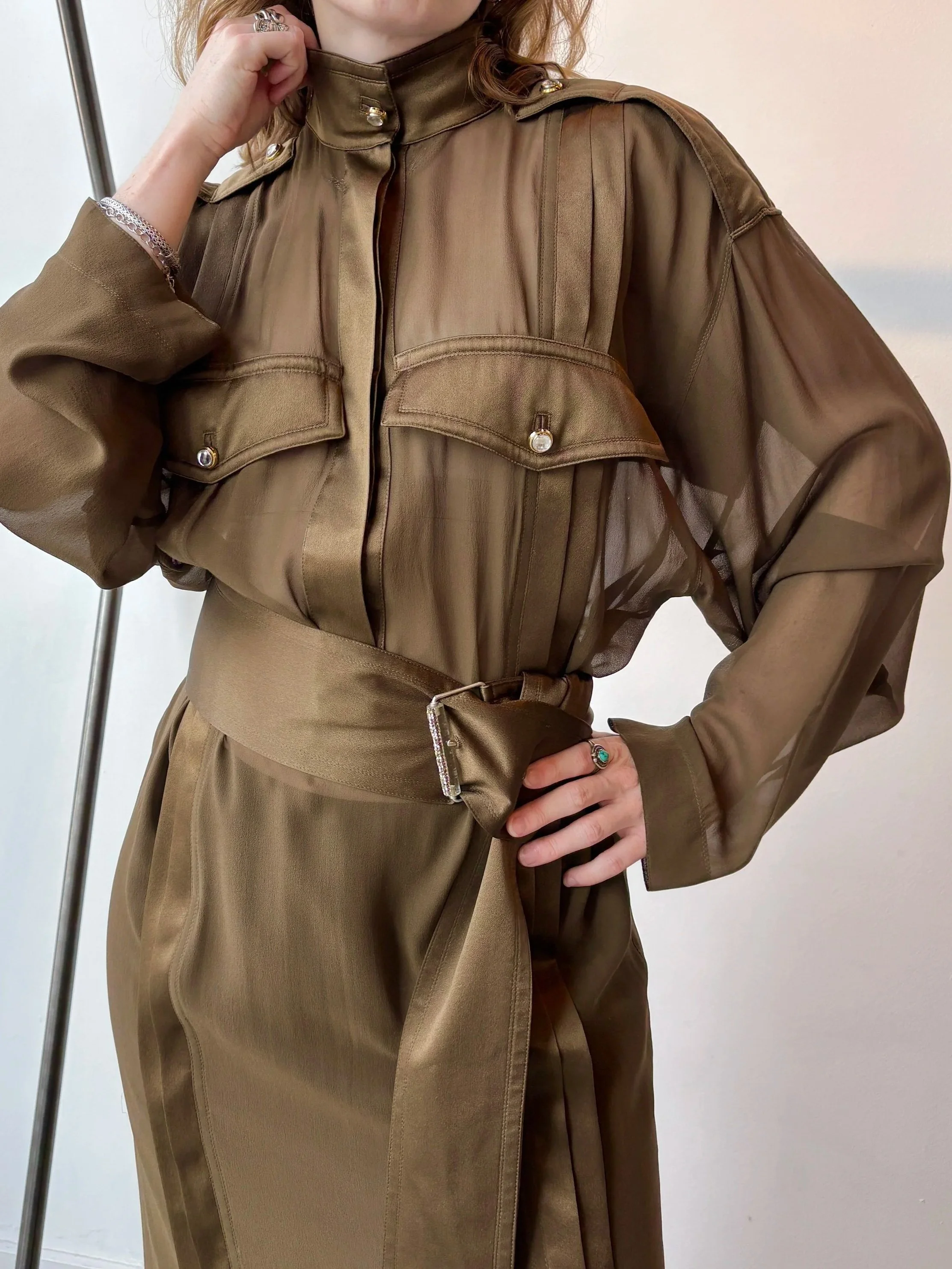 GIANNI VERSACE 80s Sheer + Metallic Brown Silk Dress with Belt