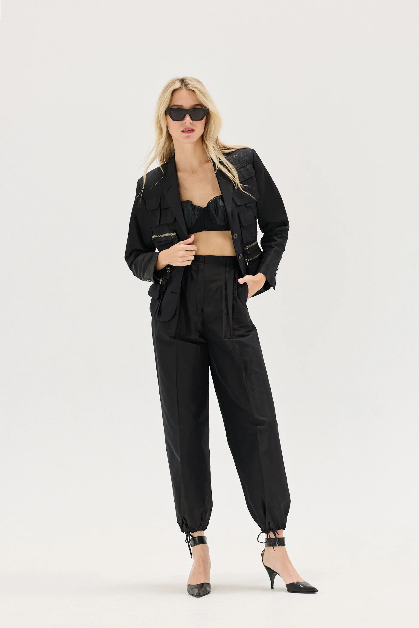 JEAN PAUL GAULTIER 90s Black Nylon Cargo Suit w/ Drawstring Cuffs