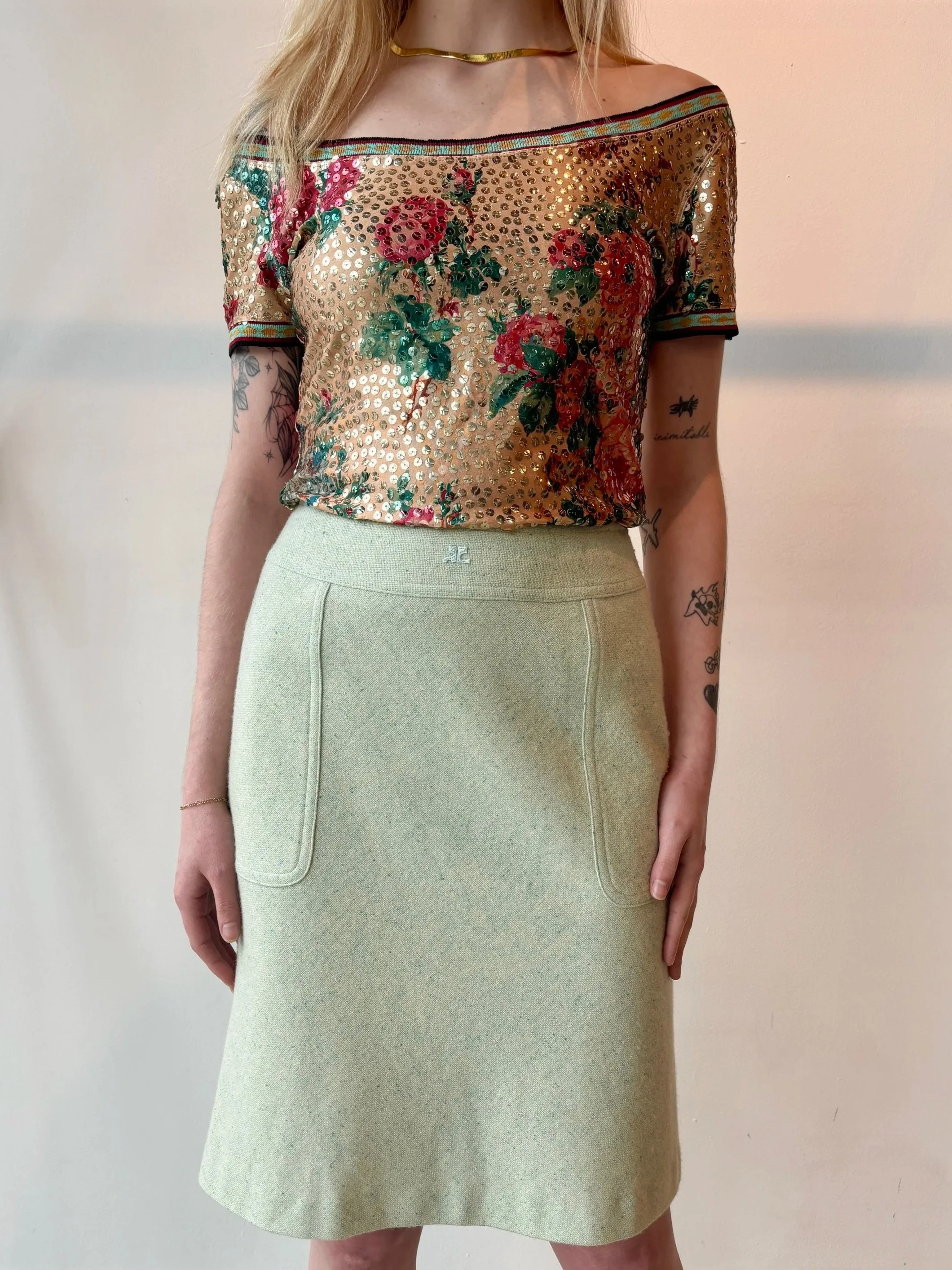 COURREGES 70s Mint Green Wool and Silk Midi Skirt