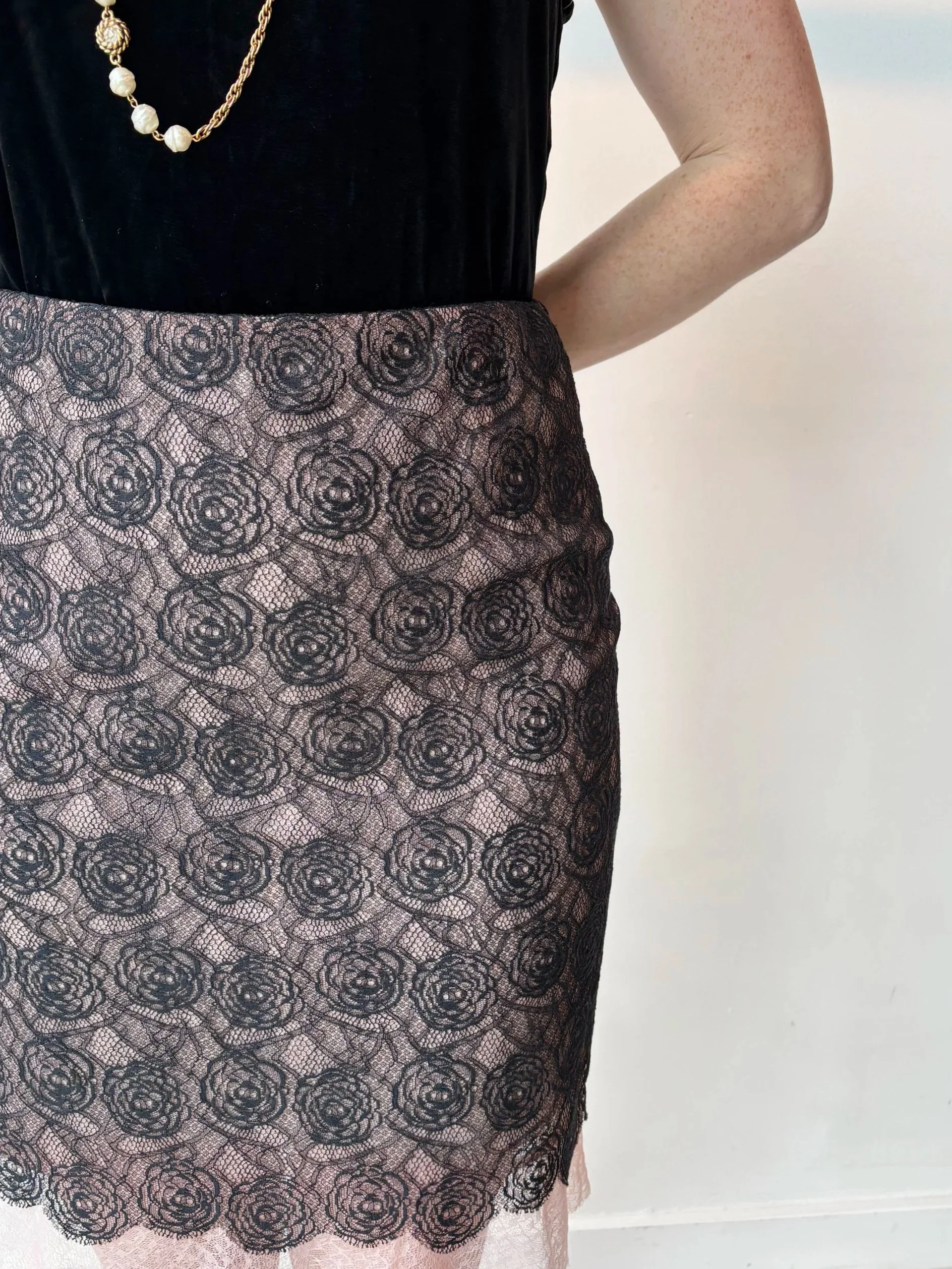 CHANEL S/S 2003 Pink Rose Print Lace Mini Skirt with Black Lace Overlay