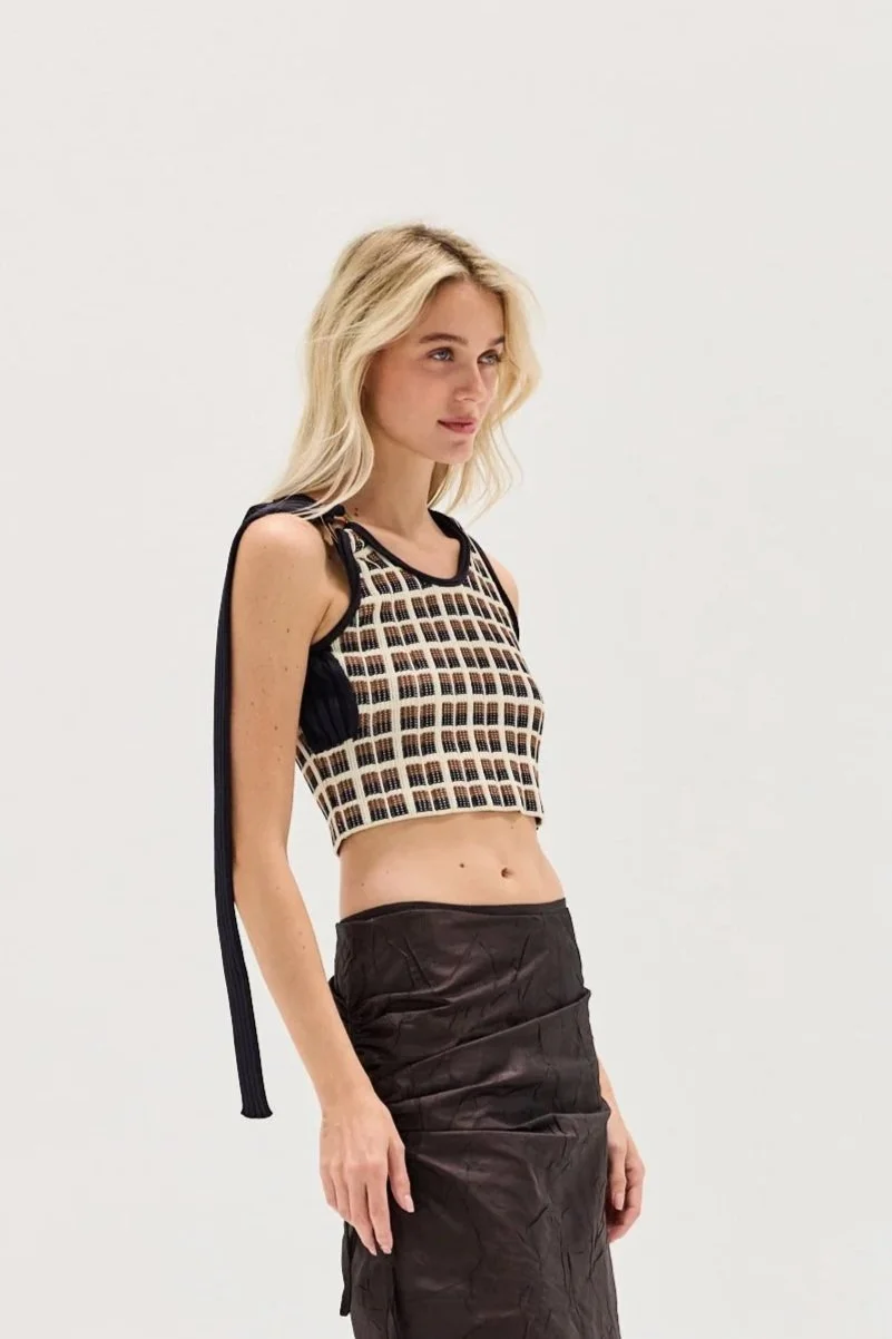 CELINE 00s Navy Geometric Knit Tank Top w/ Sash