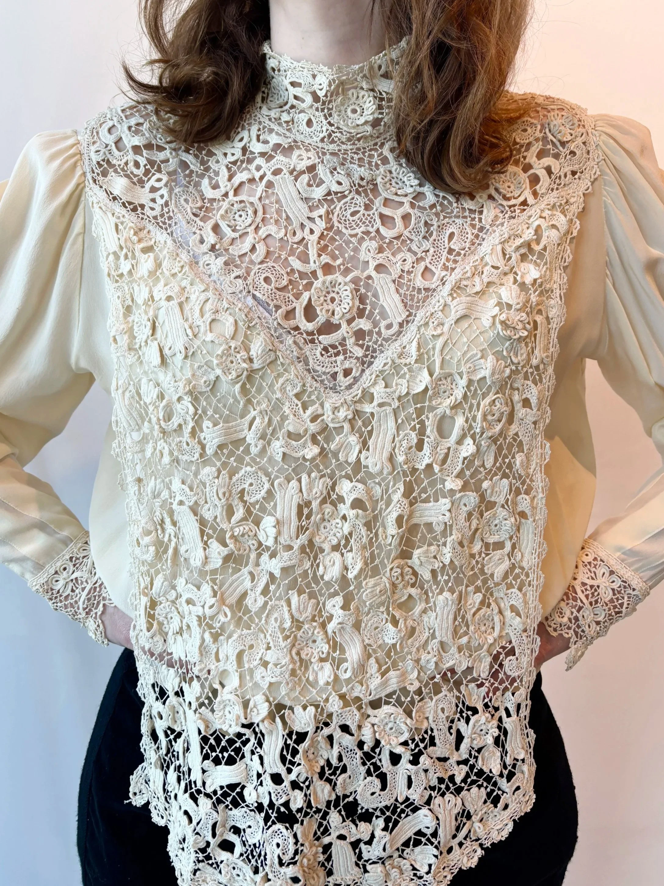 VINTAGE 80s Irish Lace Repurposed Silk Victorian Blouse