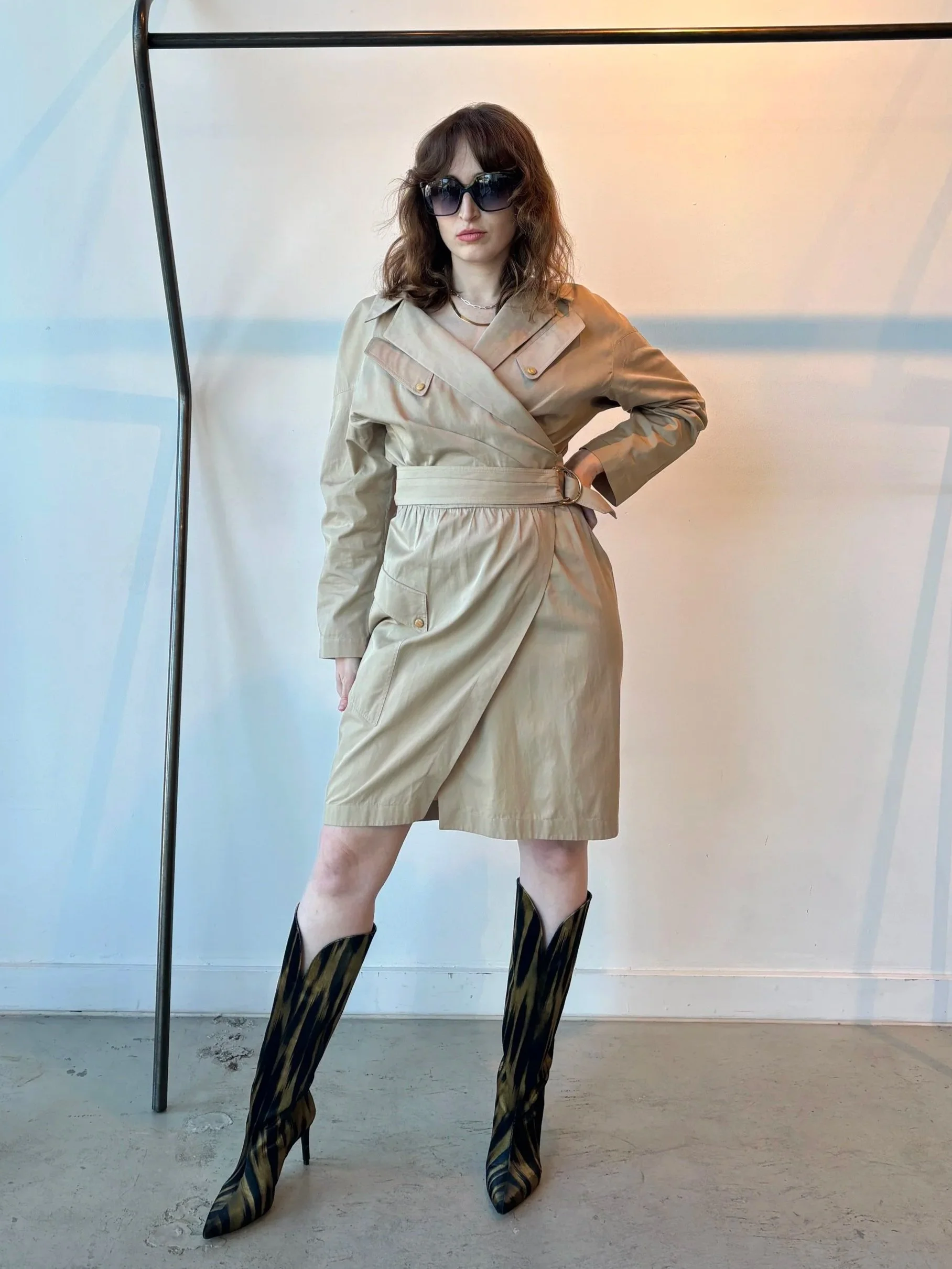 THIERRY MUGLER 90s Khaki Cotton Wrap Trench Dress