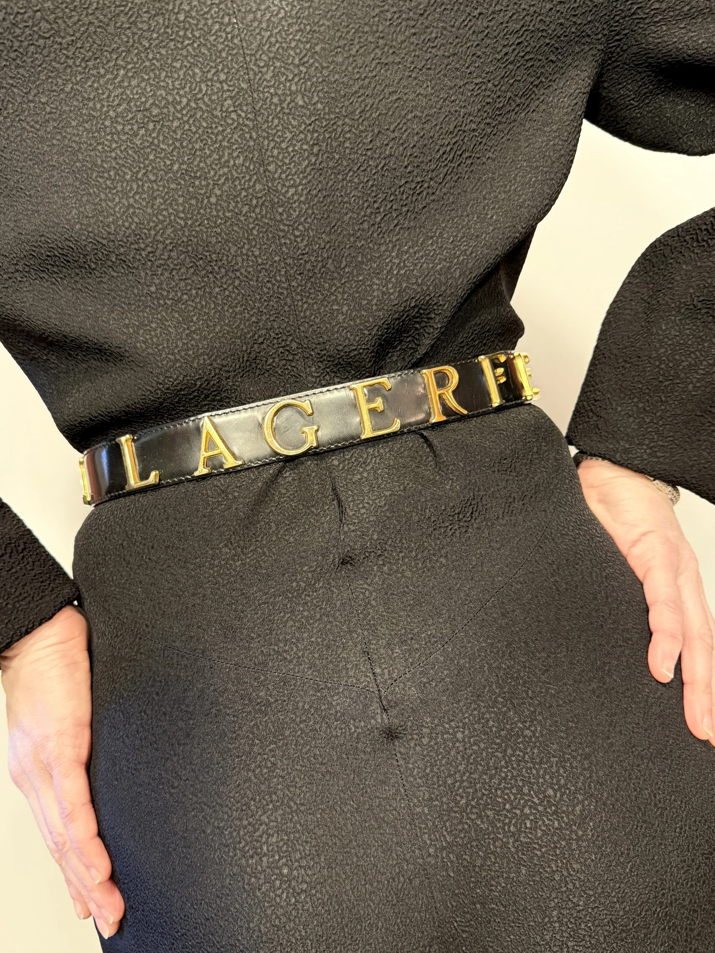 KARL LAGERFELD 90s Black Leather Monogram Belt