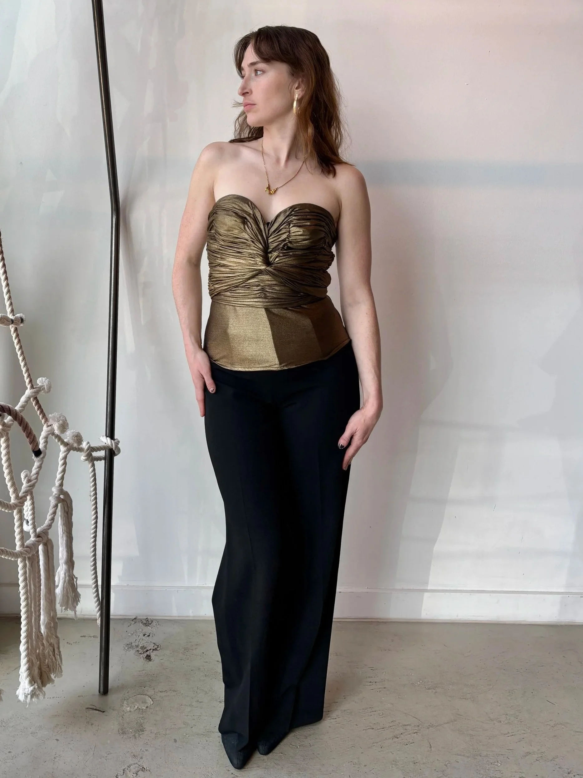 GIANNI VERSACE 80s Gold Ruched Twisted Strapless Bustier