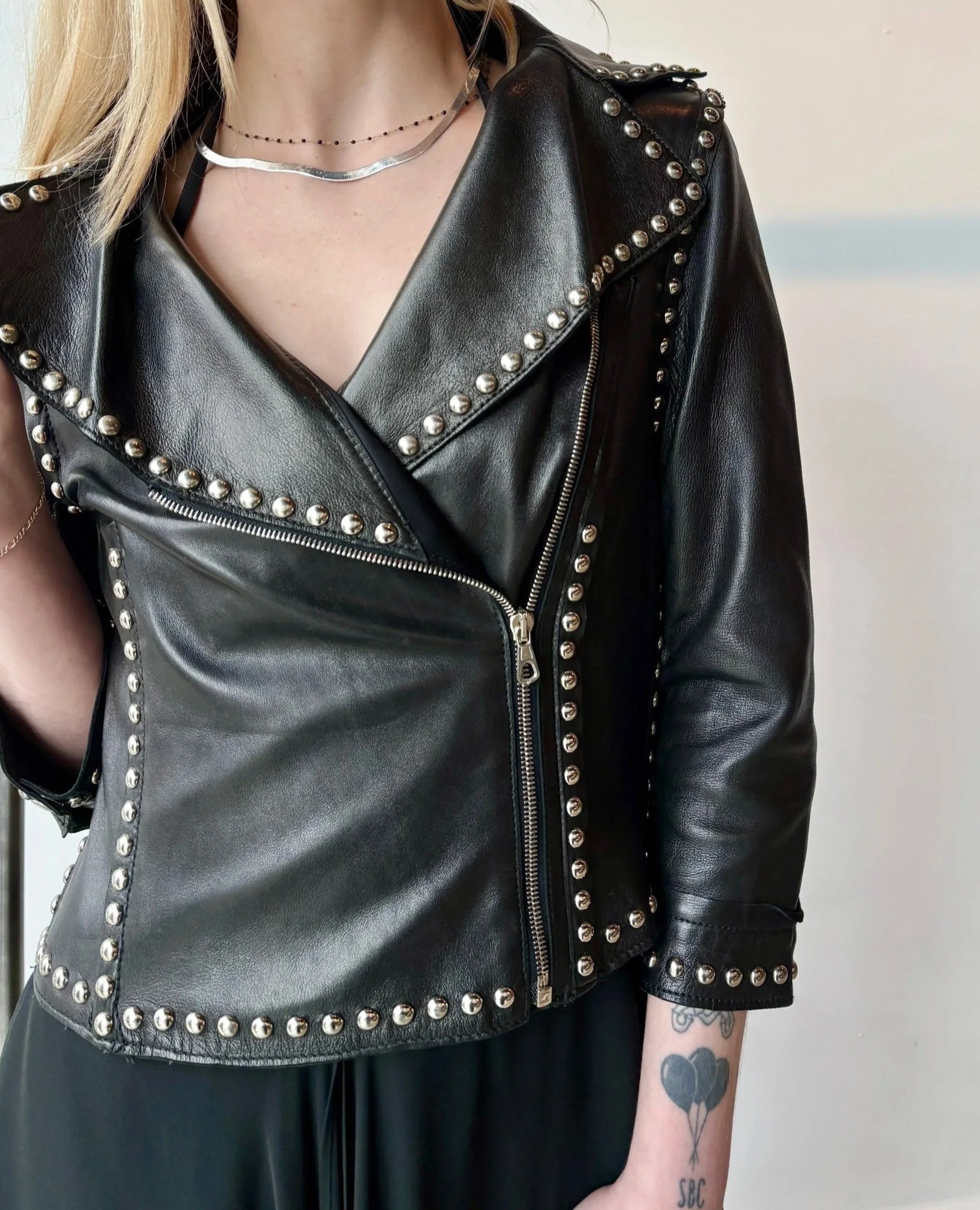DOLCE & GABBANA 90s Black Leather Cropped Studded Biker Jacket