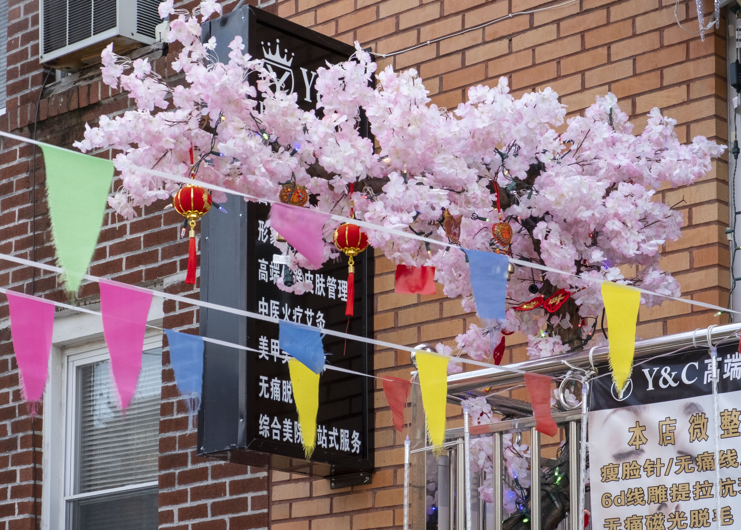 fake cherry blossoms and banners.jpg