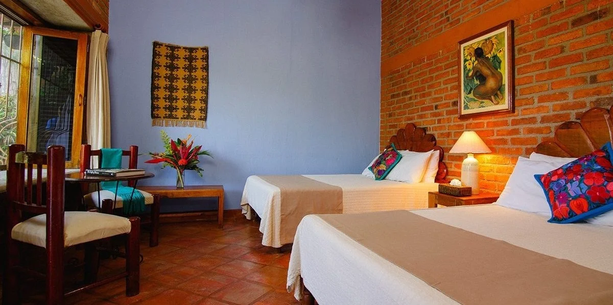 Guest Rooms are decorated in bright and cheerful Mexican textiles and colors, providing a cozy and well appointed option for those seeking simplicity and comfort. All rooms have en-suite bathrooms with natural bath amenities.