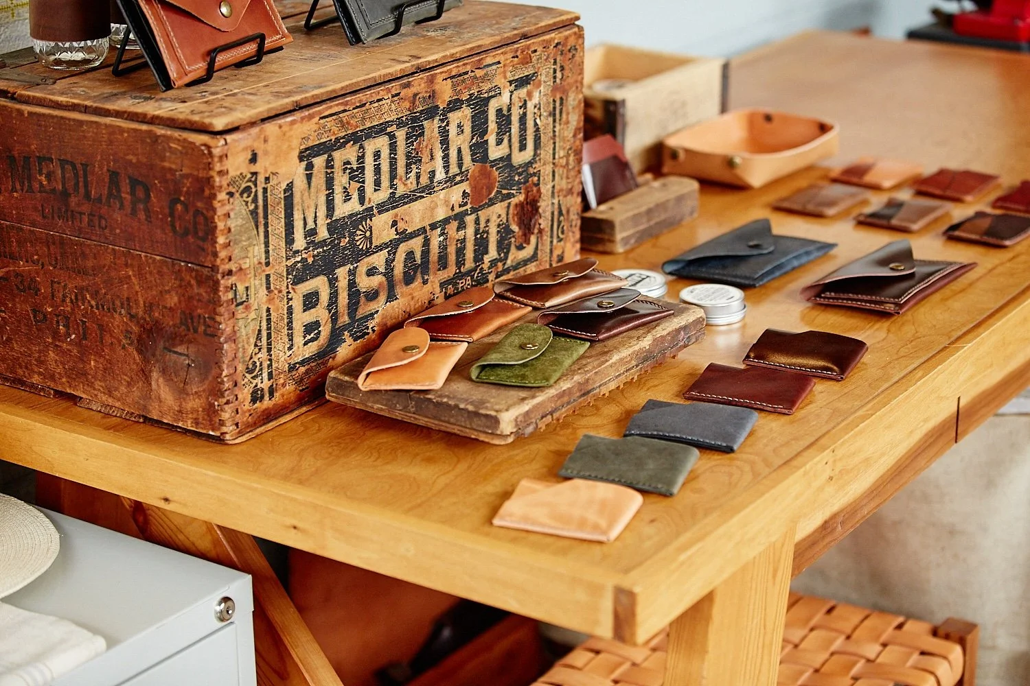 Detail photograph in the studio of a leather worker in the Appalachian mountains of North Carolina, photographed by Ian Mahathey.
