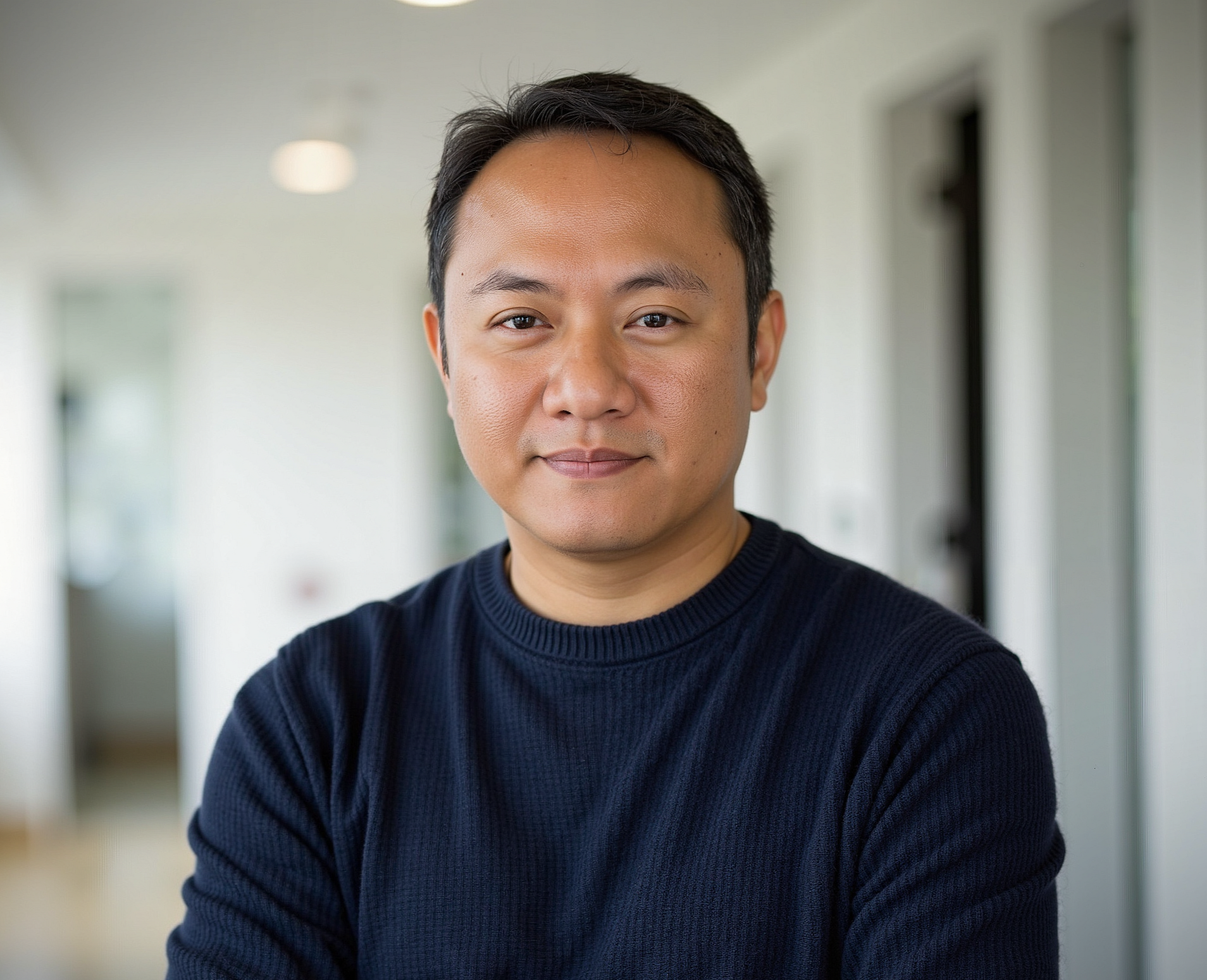 Portrait of a young man with short black hair wearing a navy blue sweater, standing indoors with blurred background of windows and white walls.