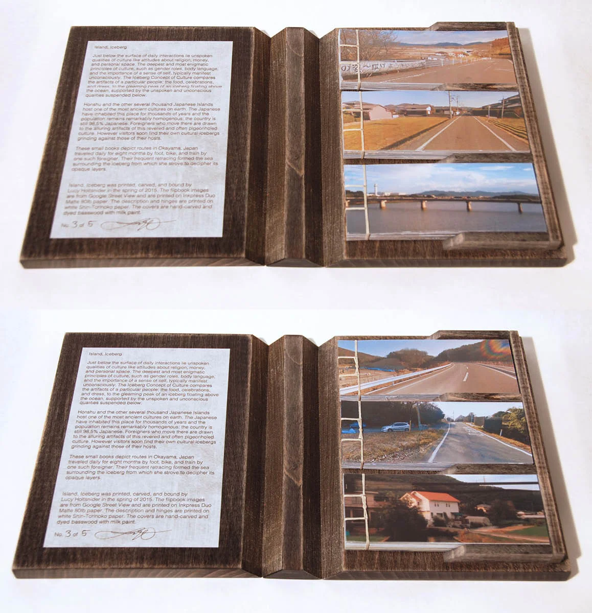 On top, flip books with side one facing up. Below, flip books with side two facing up. The letterpress printed description and colophon can be seen to the left.
