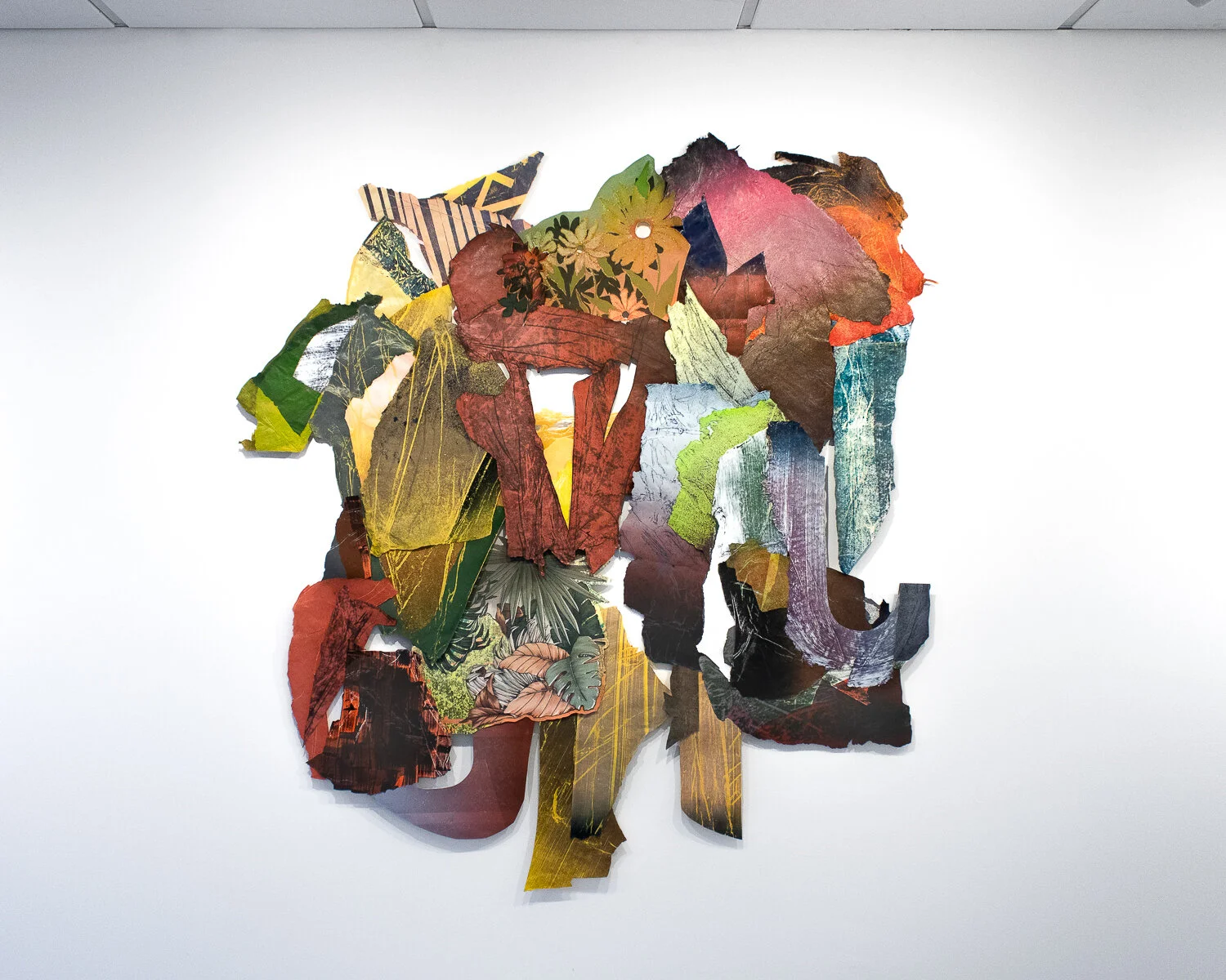 Whiplash 48 x 57” Monotype print collage on handmade paper with recycled fabric