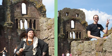 Pat Fish and Colin Fraser on The Holy Island exploring the ruins of Lindisfarne Priory, birthplace of a famous illuminated manuscript: The Lindisfarne Gospels.