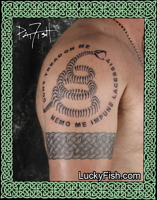 Coiled Skeletal Gadsden Snake Tattoo by Pat Fish