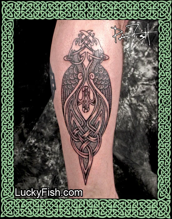 Two attenuated traditional Celtic cranes weave together to make the shape of a dagger point, a spiritual weapon that slices the mists of time to bring the past to life.
