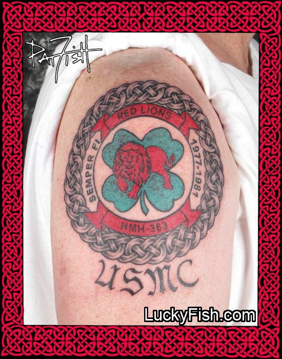 Marine's Patch and Celtic Ring Tattoo by Pat Fish