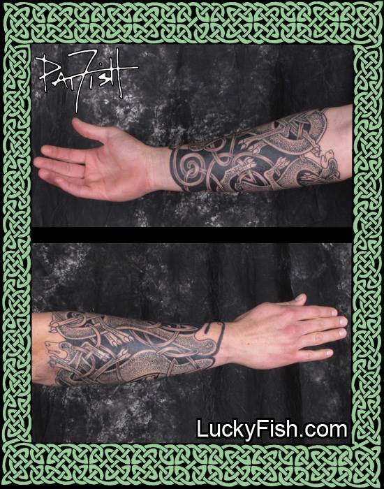 Zoomorphic Celtic Dogs Forearm Tattoo by Pat Fish