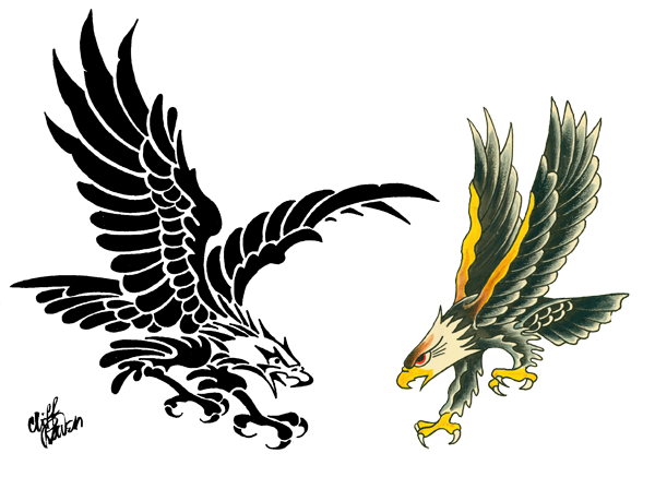 Eagle Flash in Both Black Graphic and More Conventional Styles by Cliff Raven